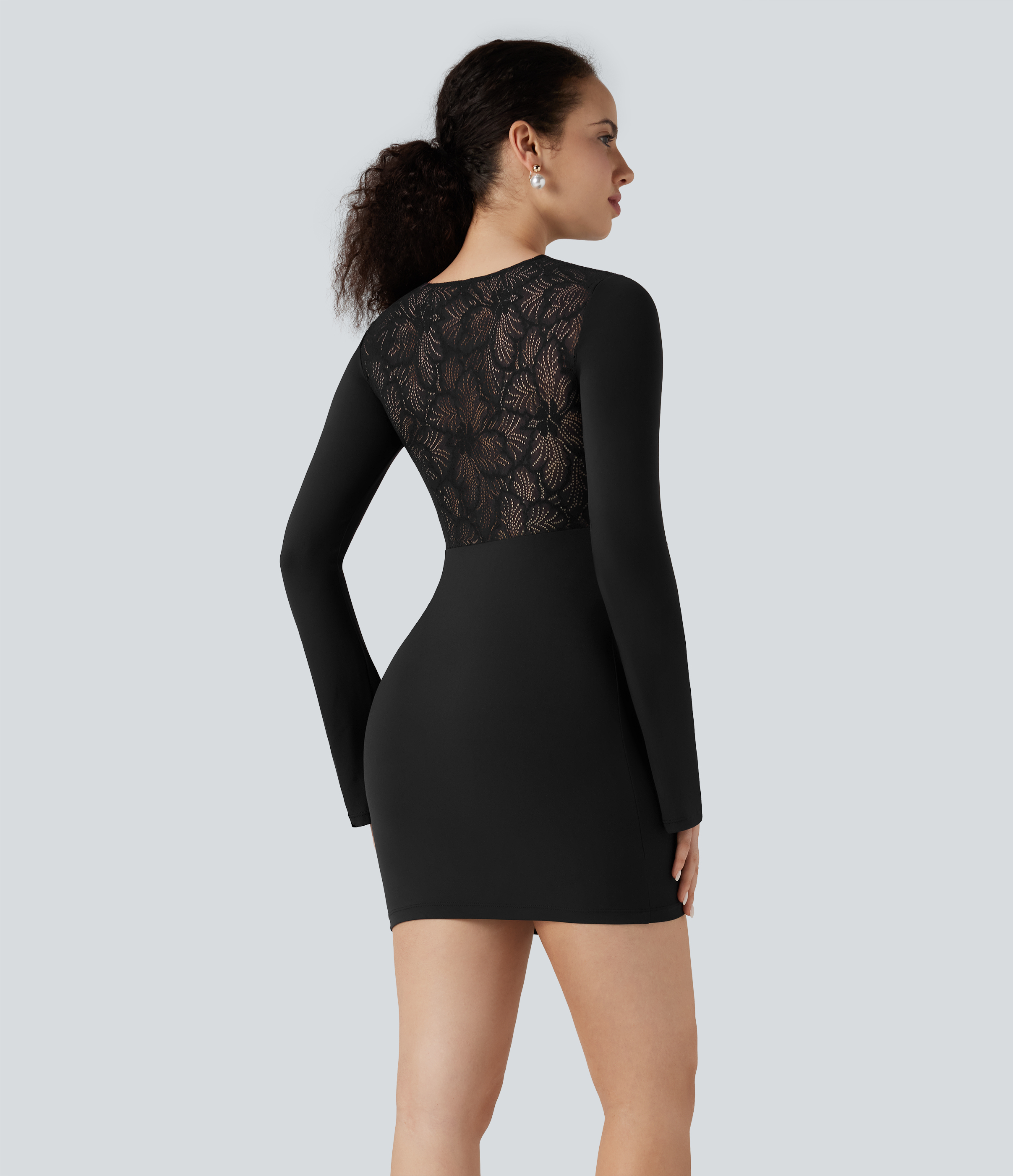 Black SoftlyZero™ Contrast Lace Long Sleeve Ruched Bodycon Mini Party Dress / 1