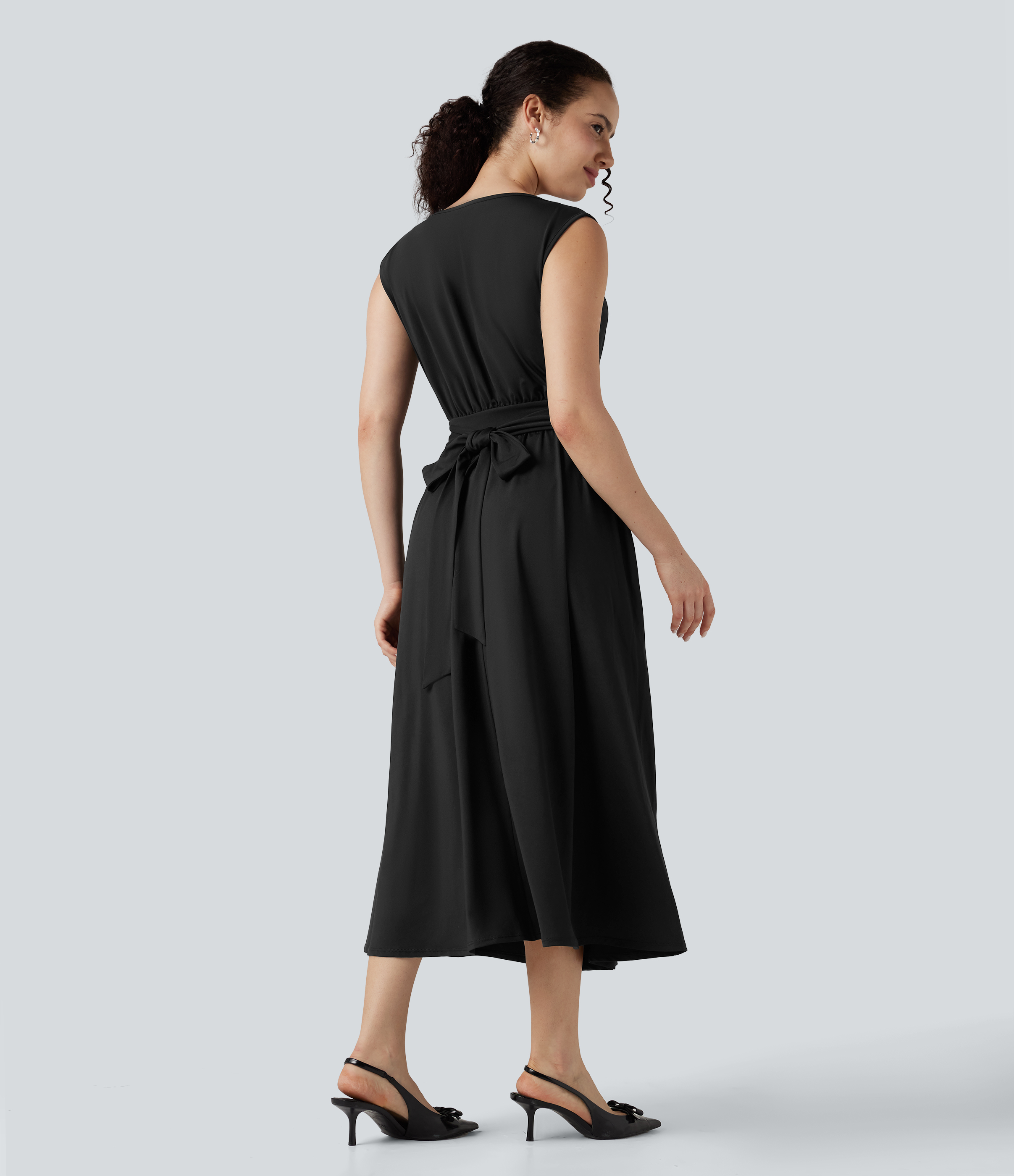 Schwarz Ärmelloses Midikleid mit Bauchkontrolle und Bindeband hinten für Brautjungfern und Hochzeitsgäste / 2