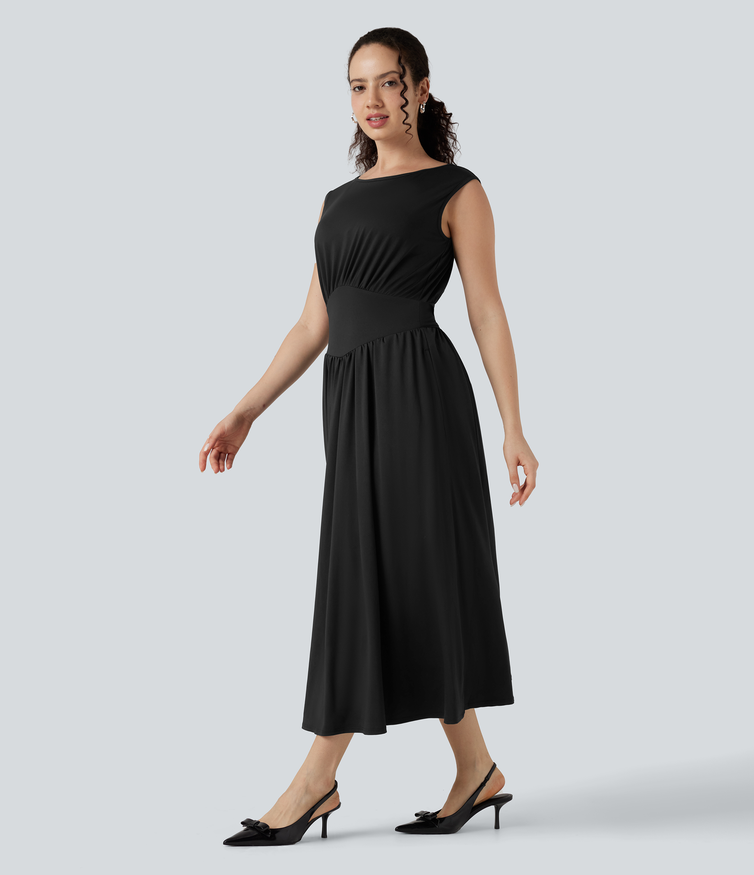 Tummy Control Sleeveless Tie Back Midi Bridesmaid and Wedding Guest Dress