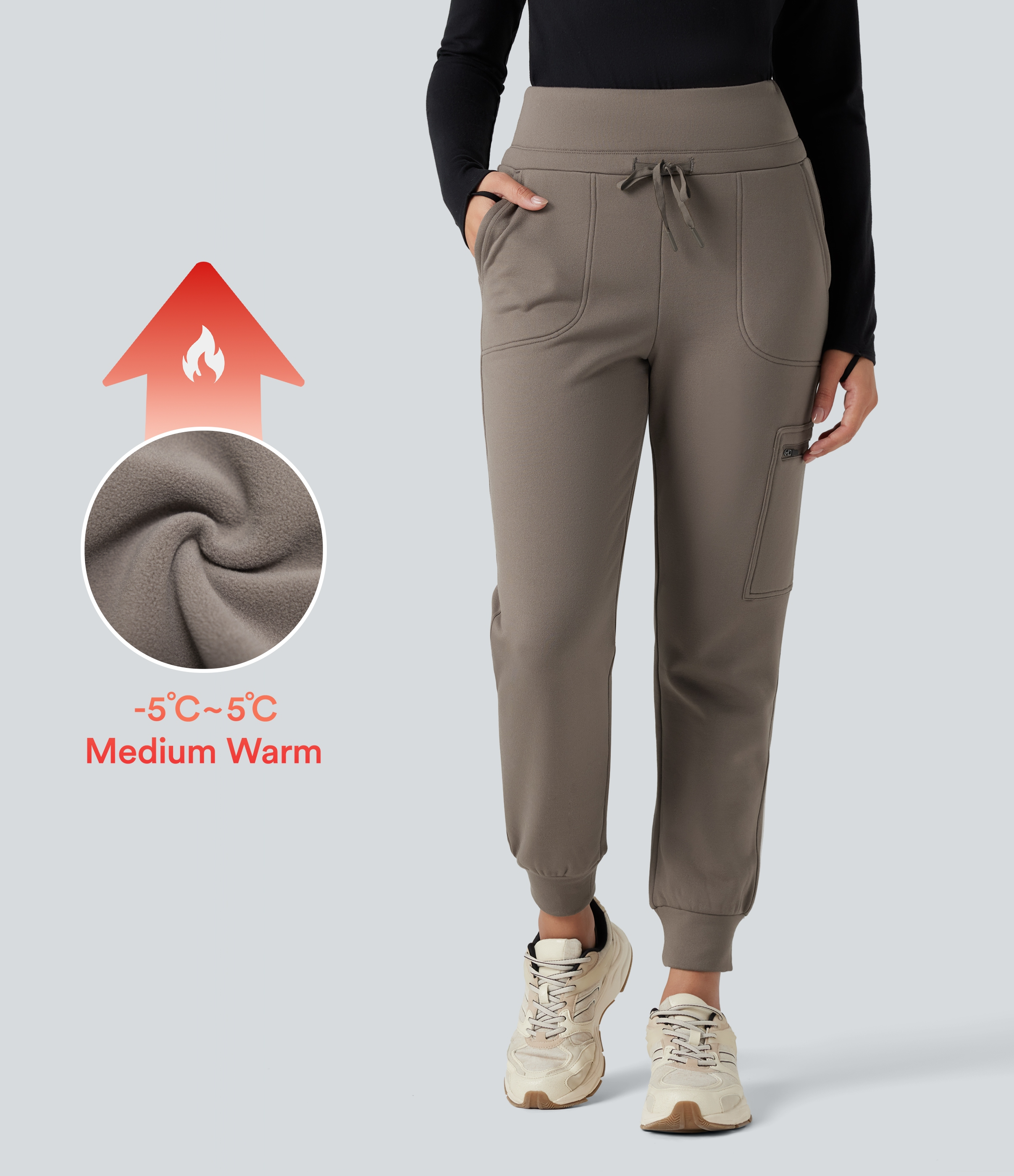 Walnut High Waisted Drawstring Tapered Fleece Hiking Joggers with Pockets / 1