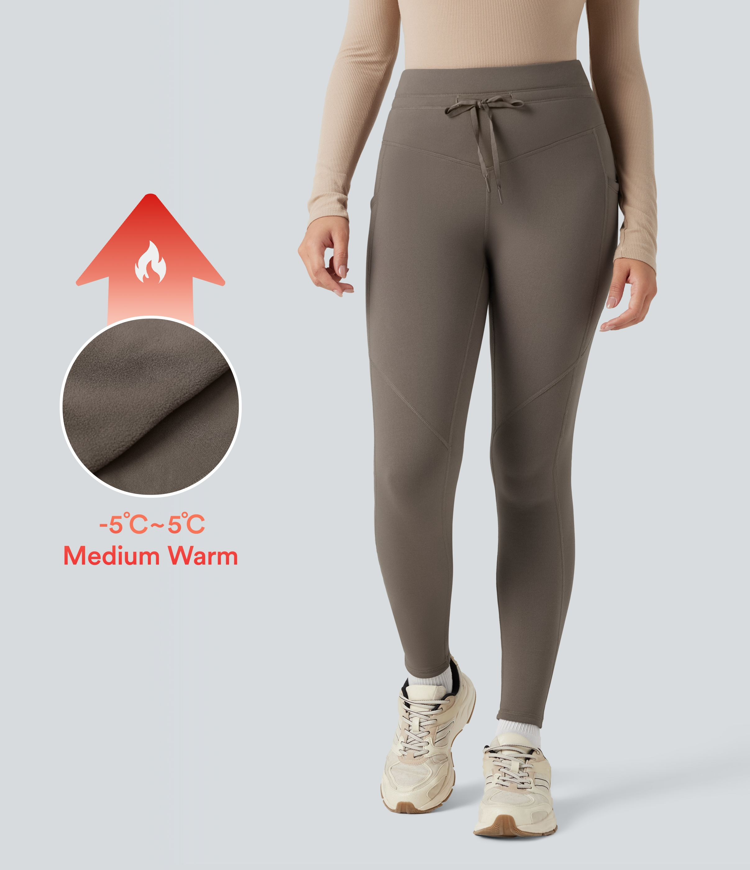 High Waisted Drawstring Fleece 7/8 Hiking Leggings with Pockets