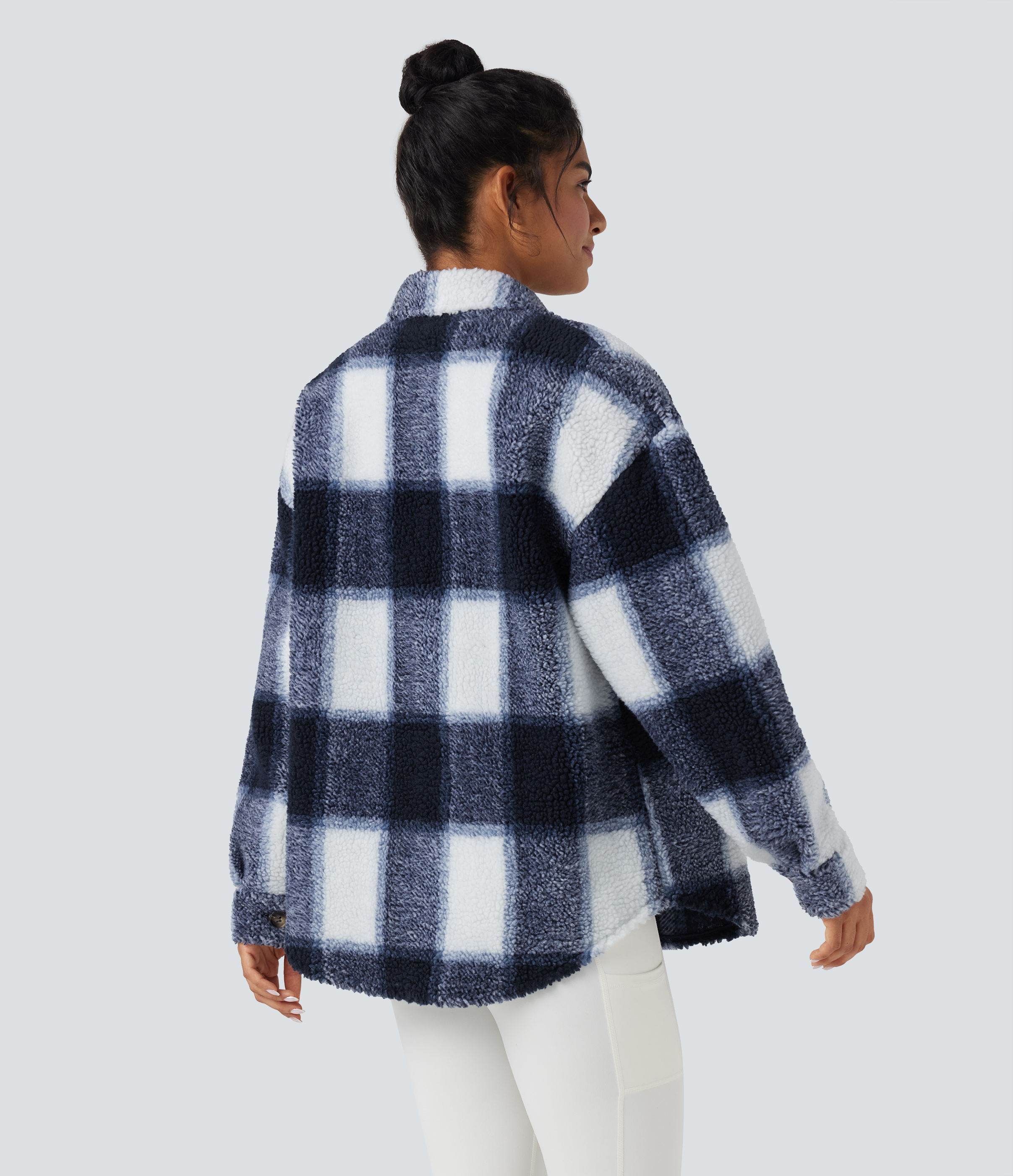 Twilight Check Collar Long Sleeve Curved Hem Casual Shacket Sherpa Jacket with Pockets / 2