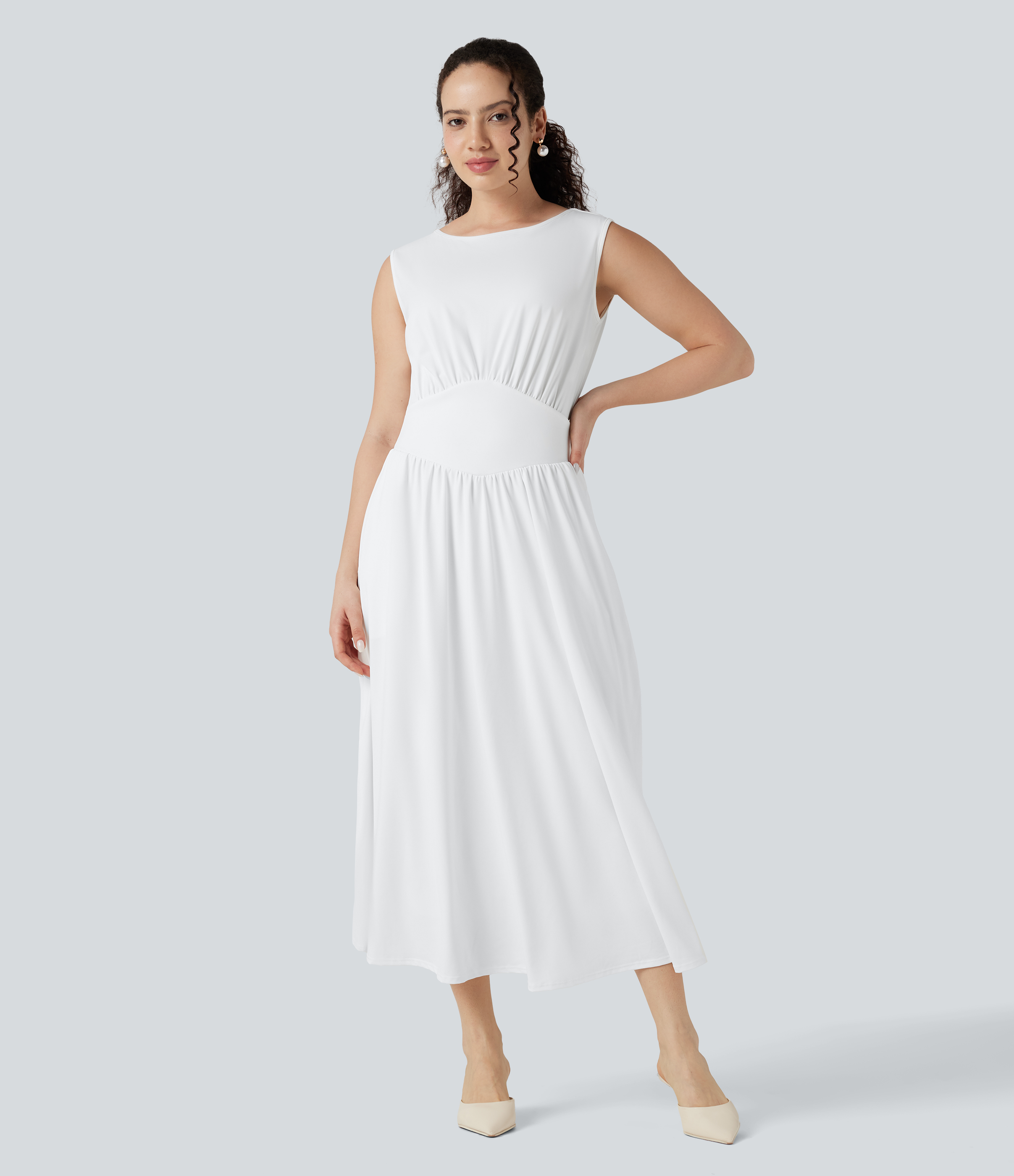 Tummy Control Sleeveless Tie Back Midi Bridesmaid and Wedding Guest Dress