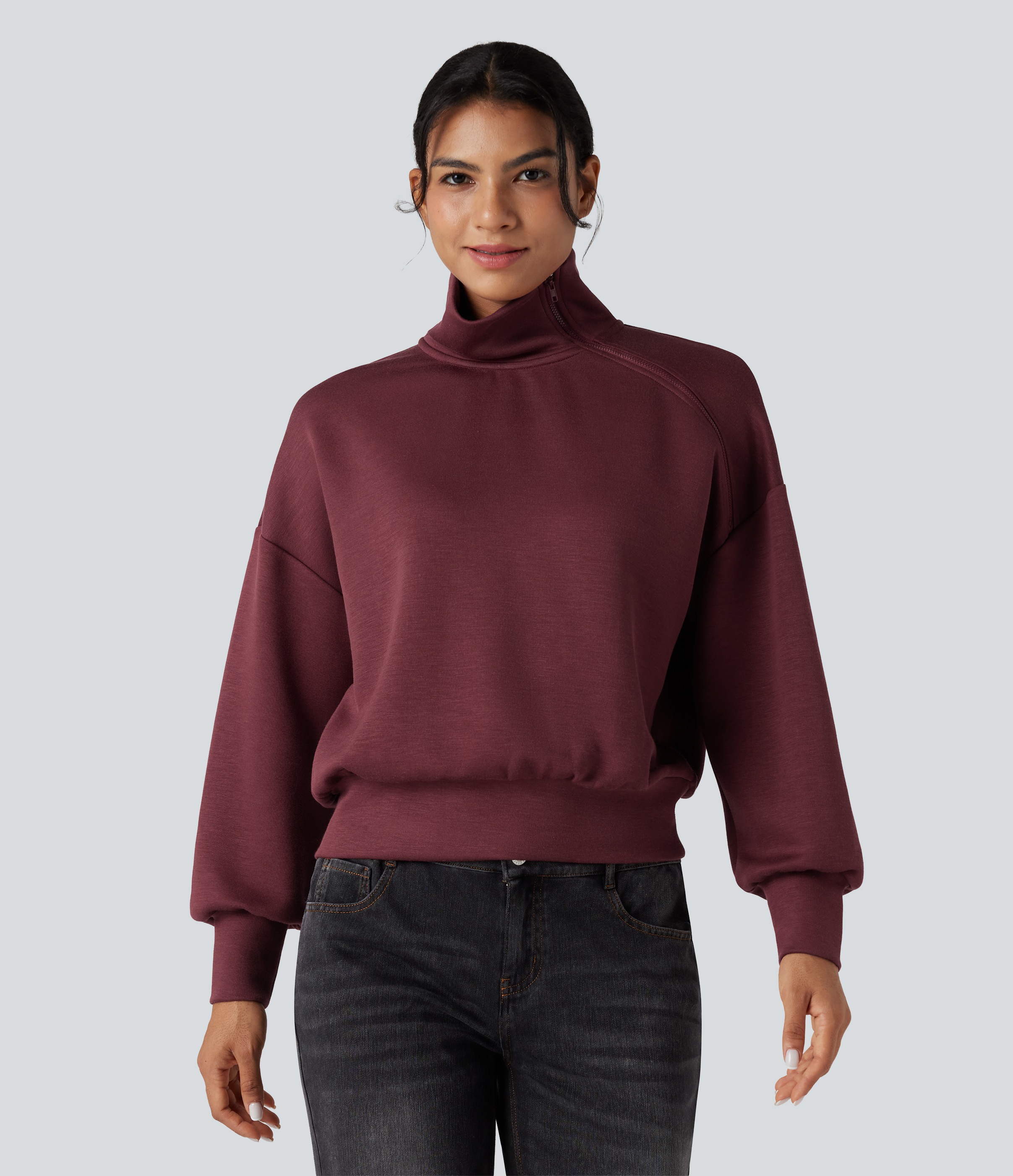 Oxblood Red SpacerTek™ Funnel Neck Half Zip Oversized Casual Sweatshirt / 2