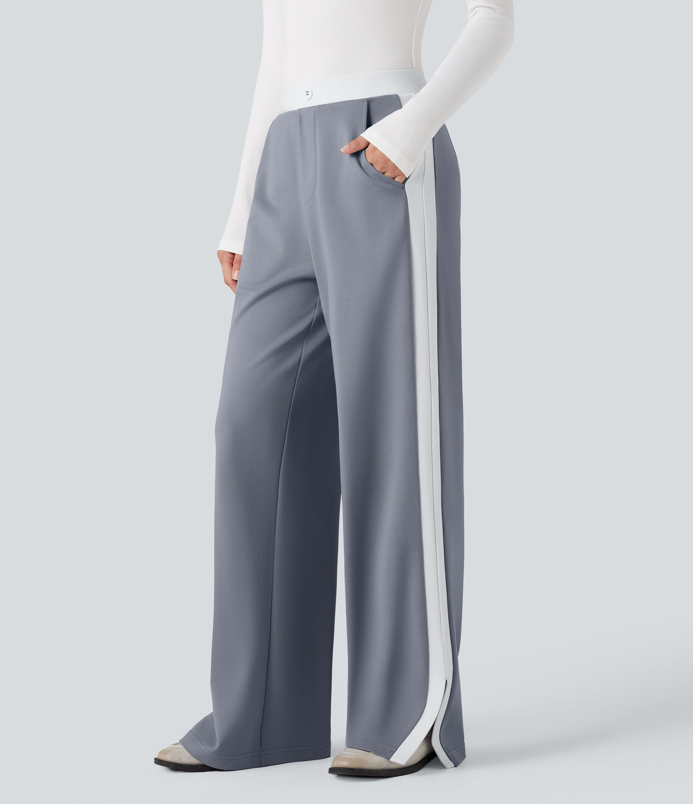 Mid Rise Color Block Split Work Straight Leg Pants with Pockets
