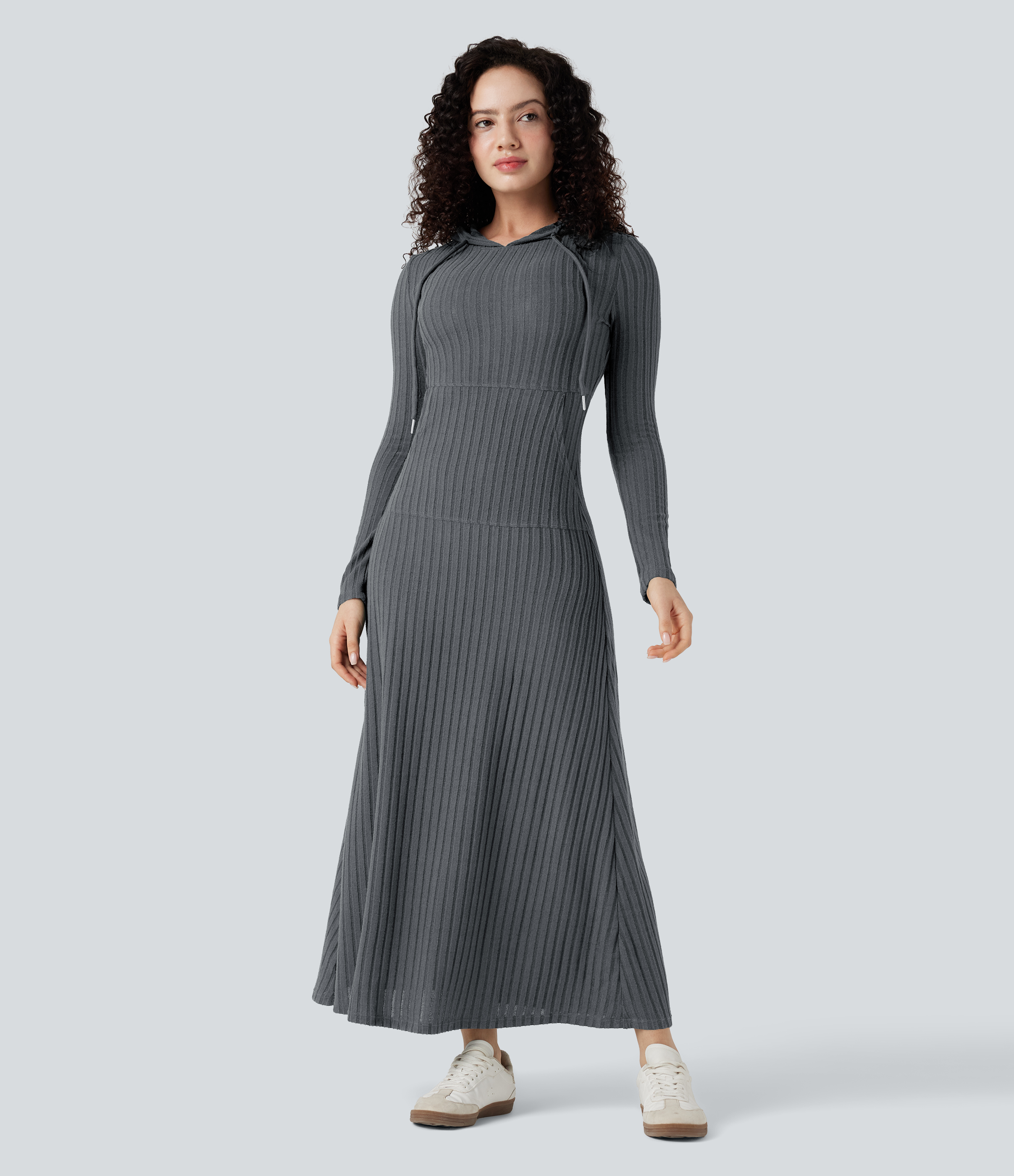 Ribbed Knit Hooded Long Sleeve Maxi Casual Dress with Pocket