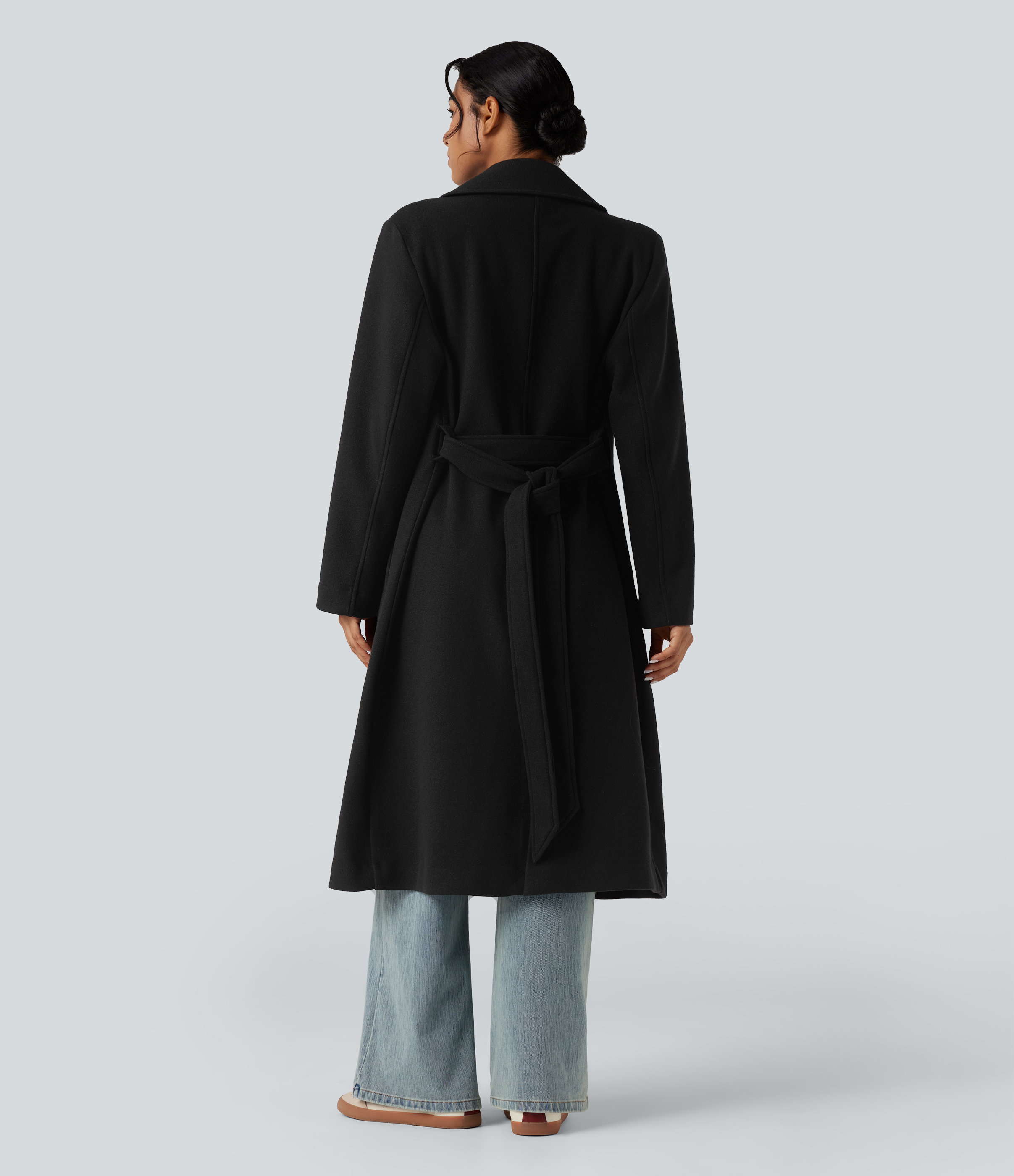 Schwarz Langer Fleece-Freizeitmantel mit Gürtel und Taschen / 2