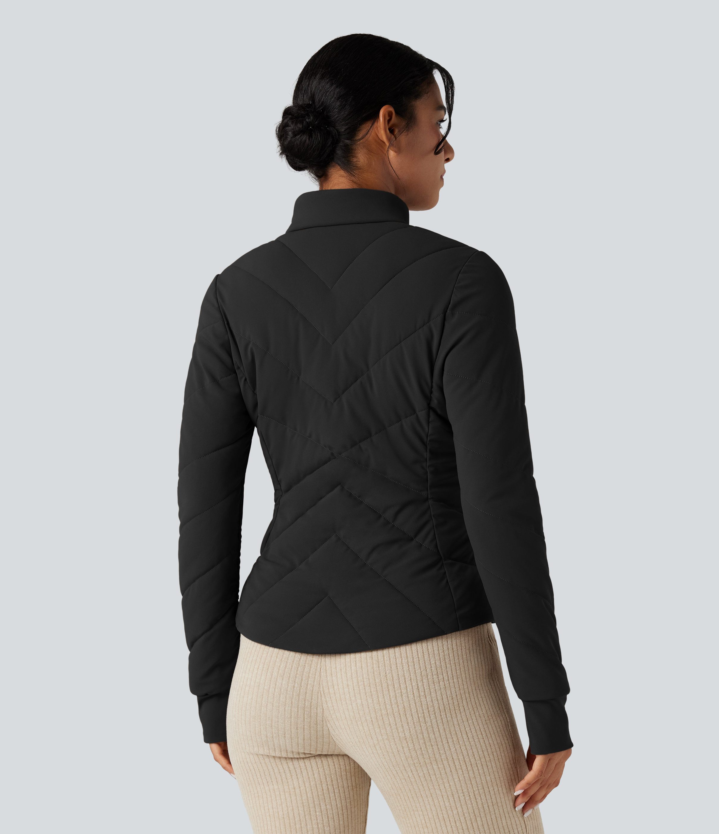 Noir Manteau décontracté à col montant, manches longues avec ouverture pour le pouce et poches / 2