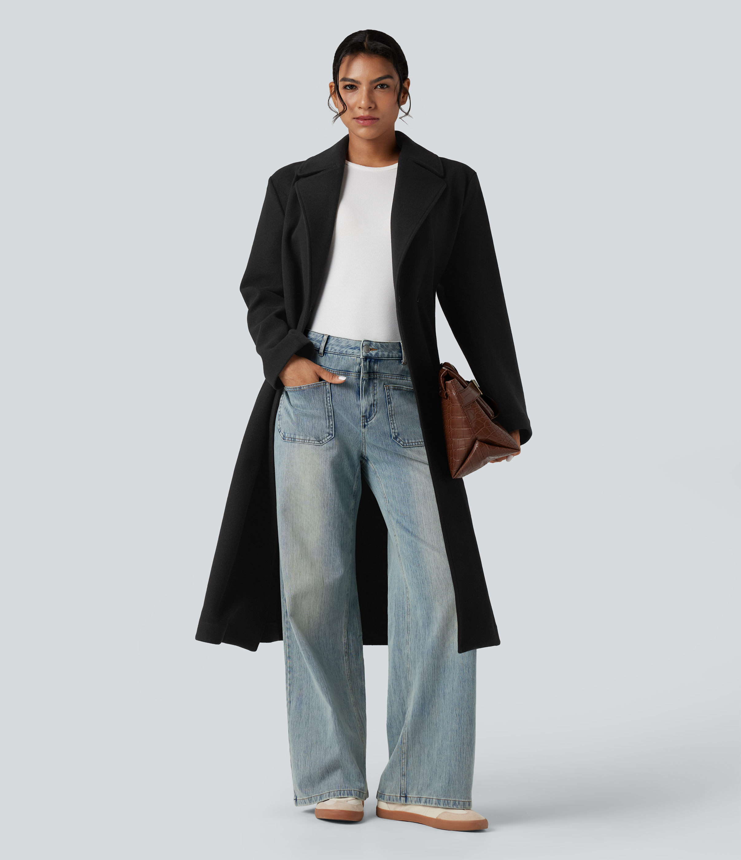 Long Sleeve Belted Longline Fleece Casual Coat with Pockets