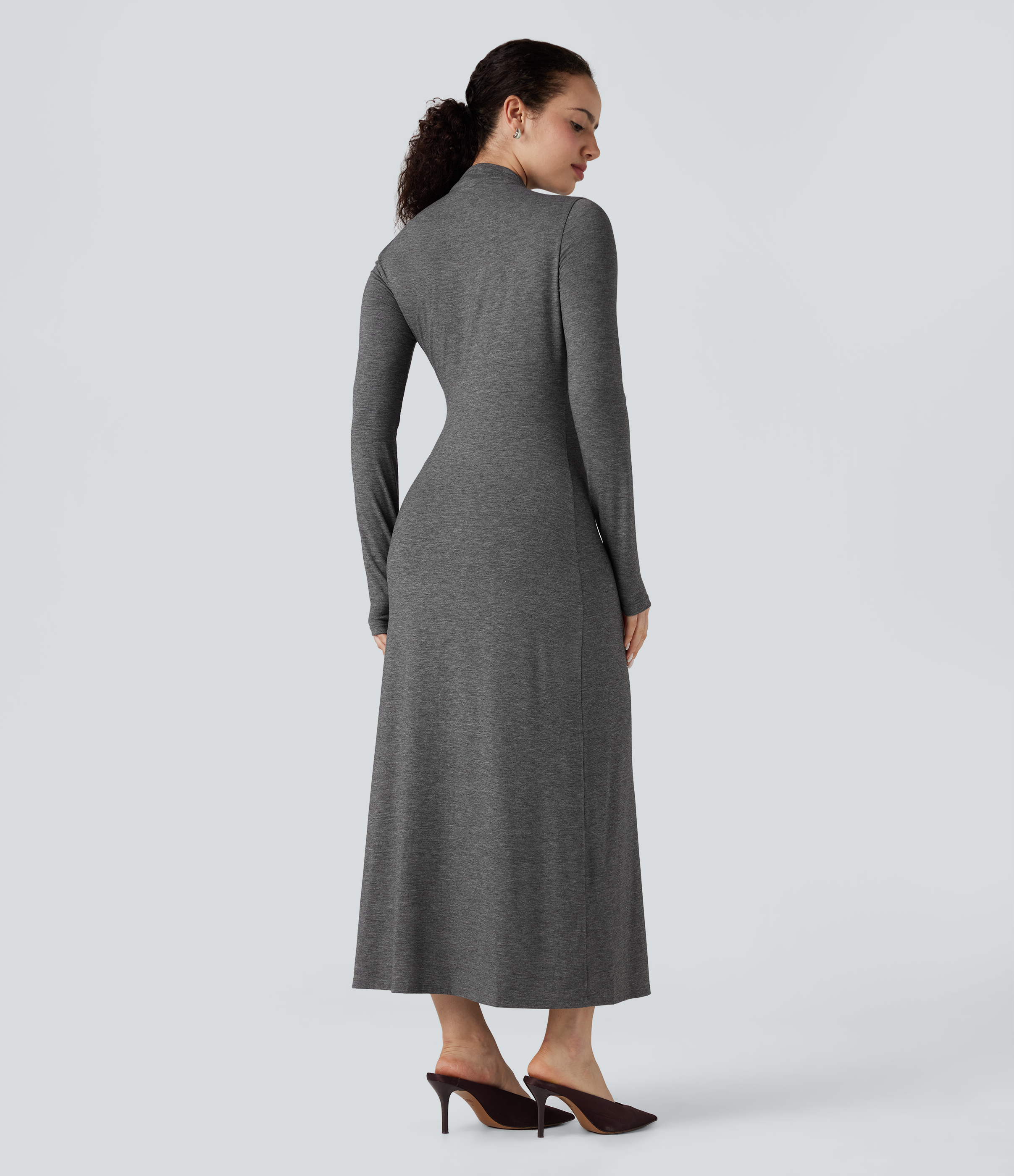 Darl Gray Floral Yarn Robe mi-longue col montant manches longues / 2
