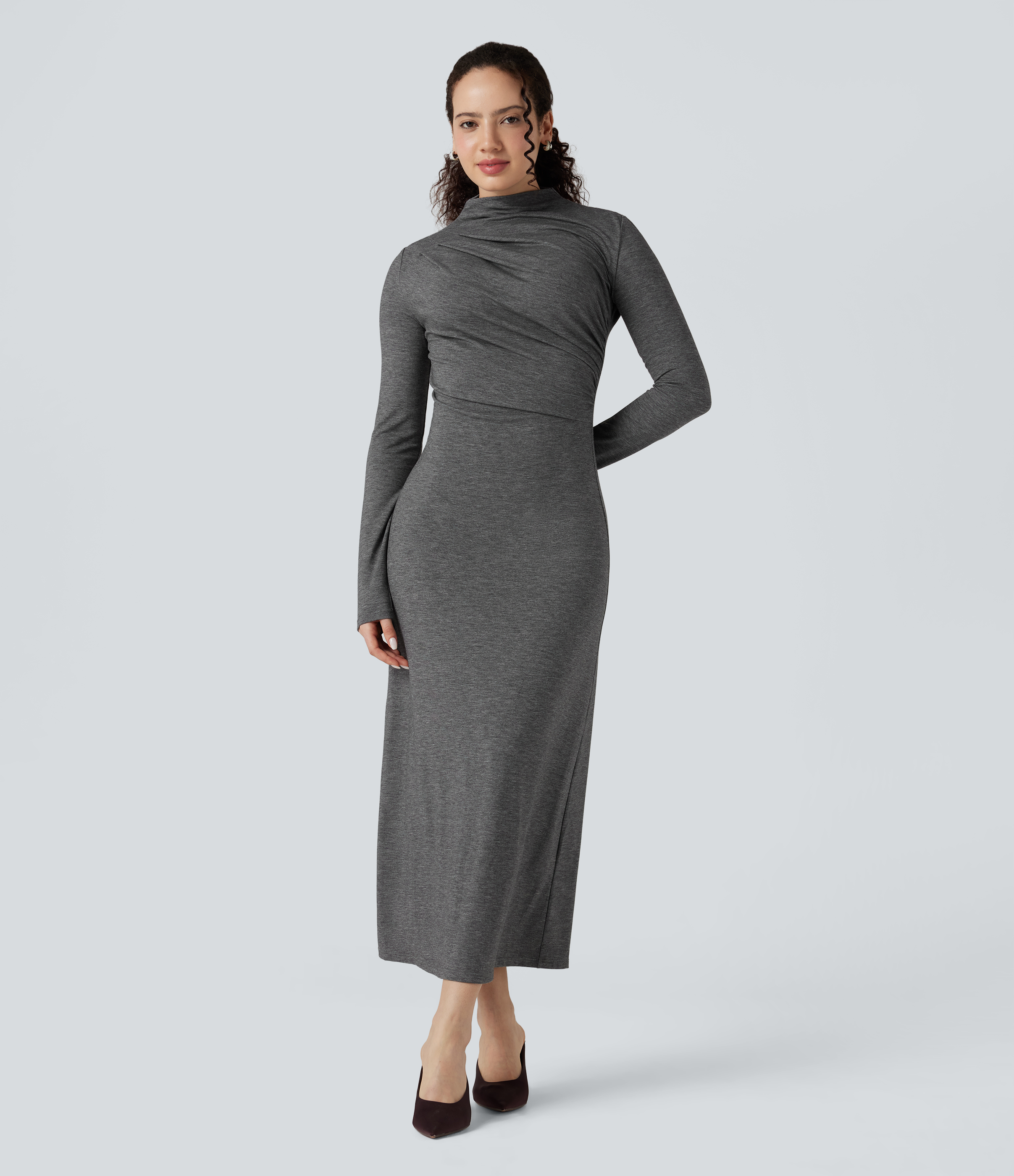 Mock Neck Long Sleeve Midi Casual Dress