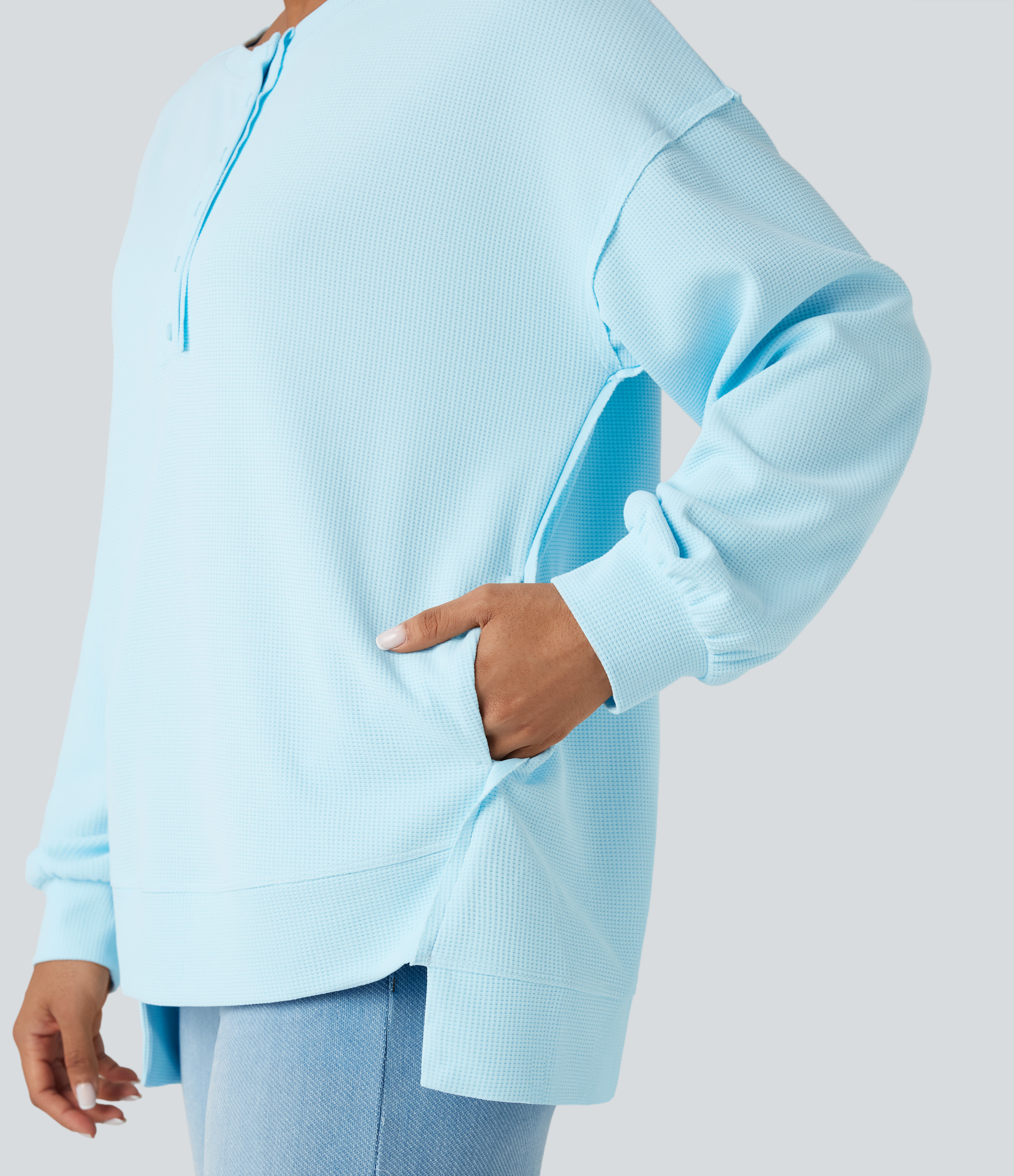 Saltwater Slide Henley Long Sleeve Waffle Oversized Casual Sweatshirt with Pockets / 1