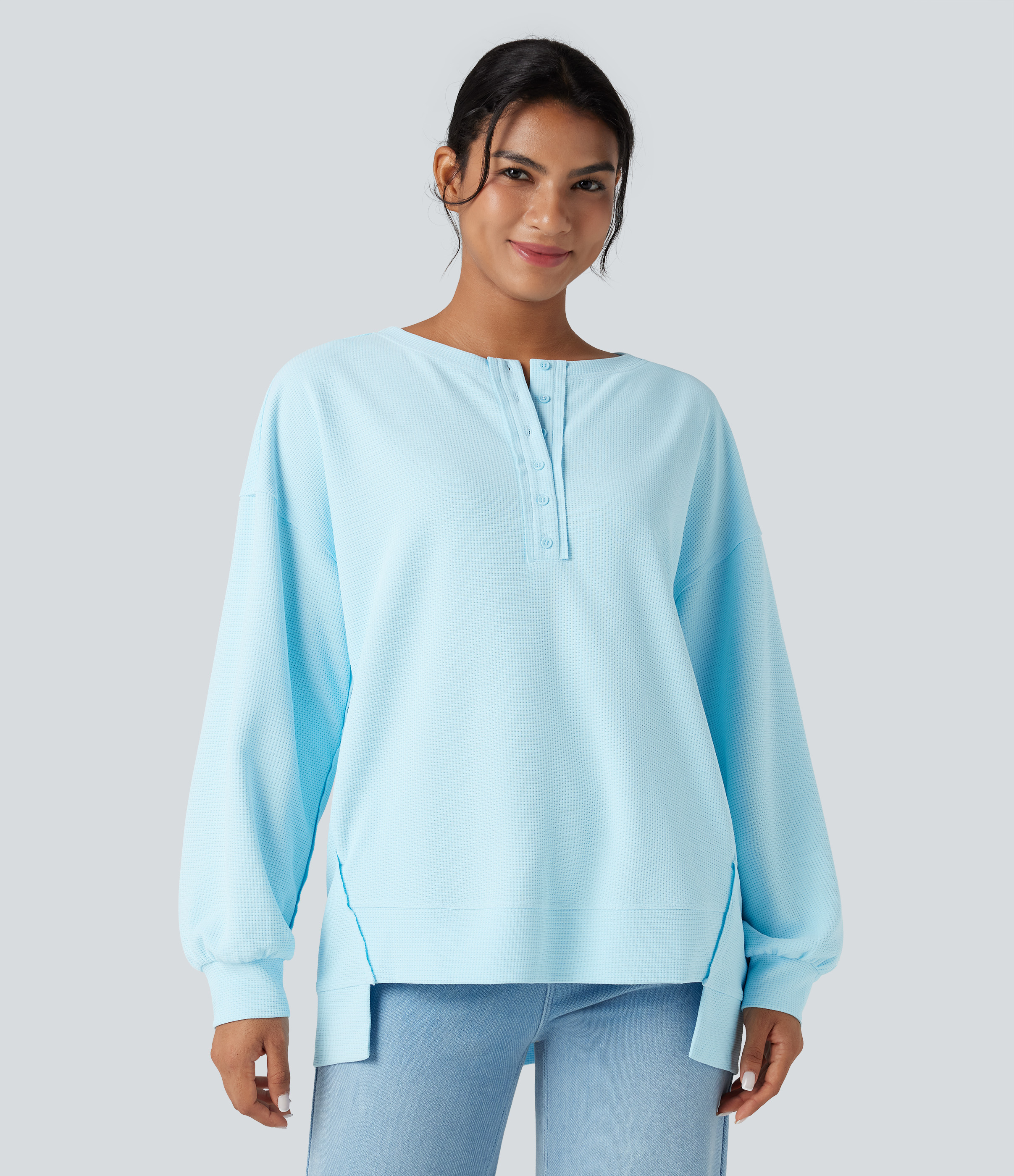 Saltwater Slide Henley Long Sleeve Waffle Oversized Casual Sweatshirt with Pockets / 2