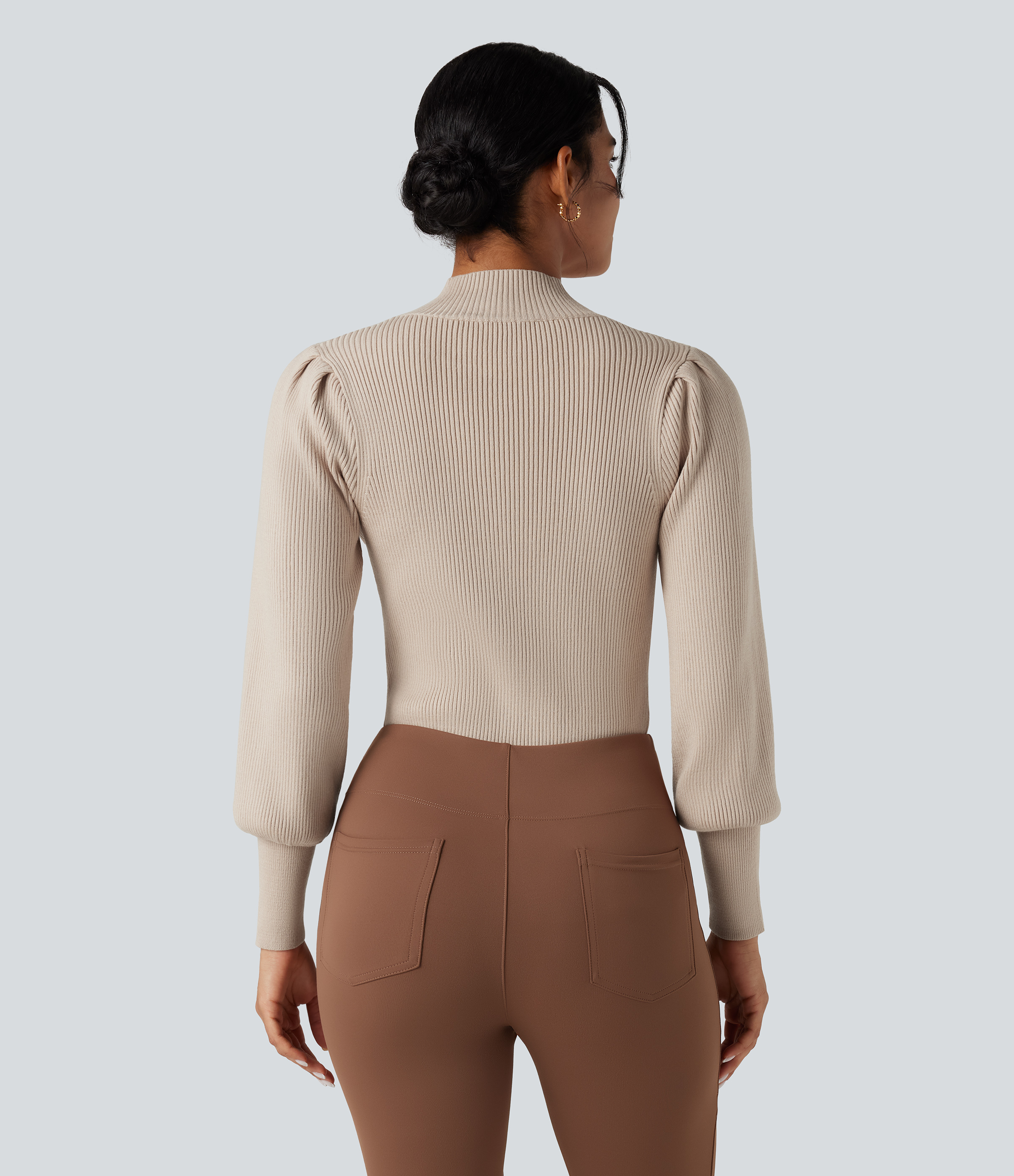 Cement Mock Neck Puff Long Sleeve Casual Sweater / 2