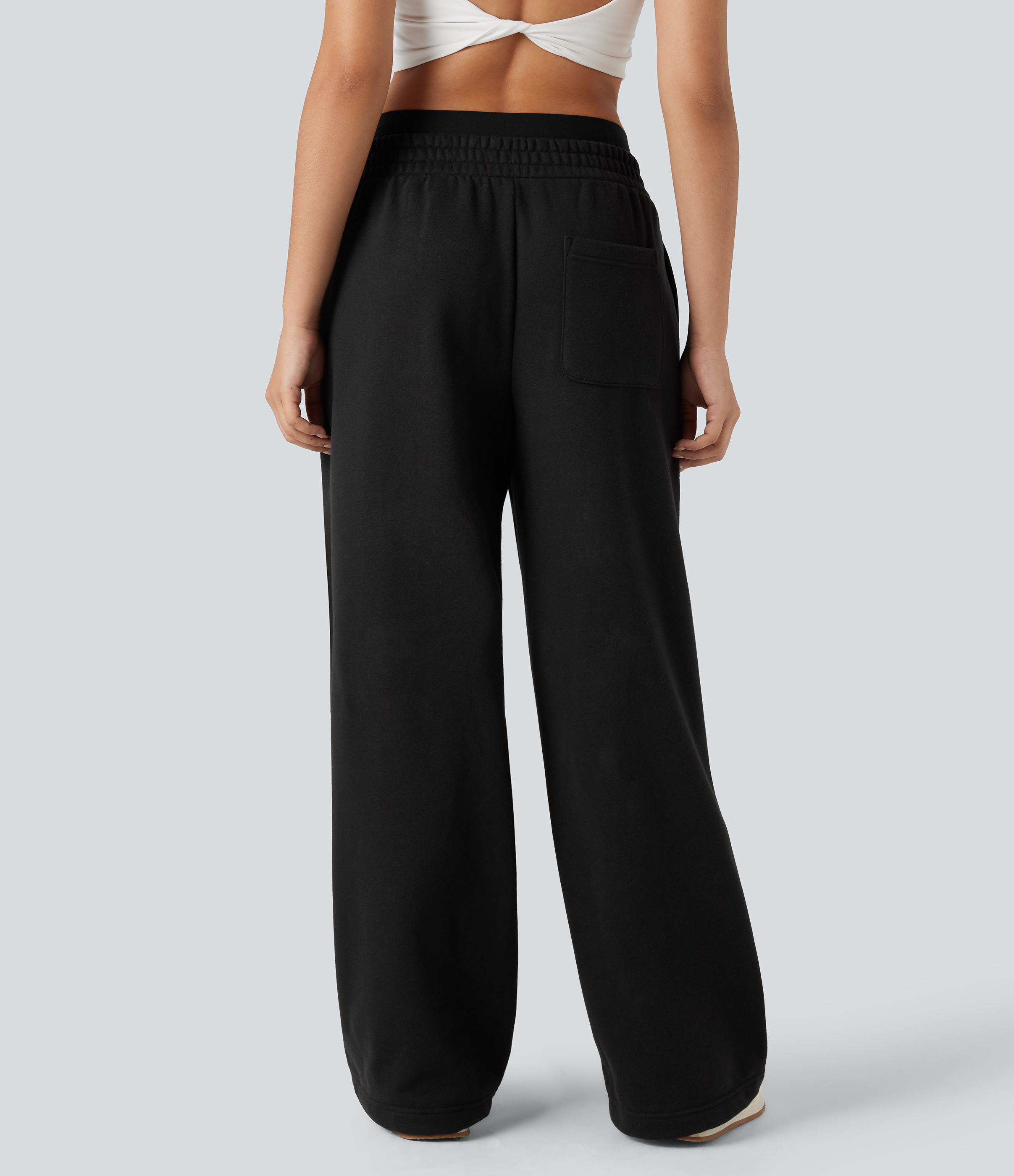 Noir Pantalon large fluide polaire color block double ceinture gainant taille haute avec poches / 2