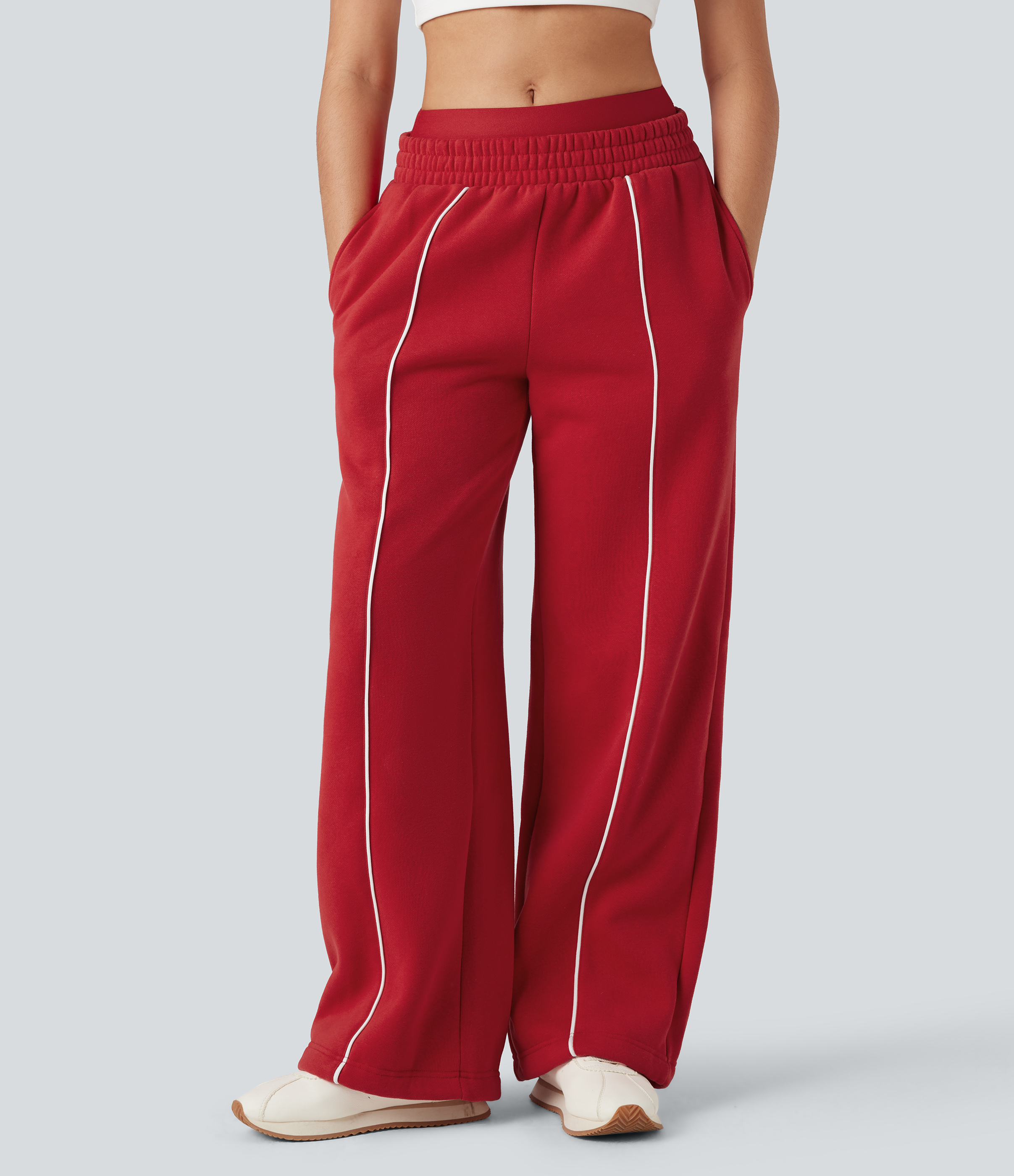 Double Waistband High Waisted Tummy Control Color Block Fleece Casual Wide Leg Pants with Pockets