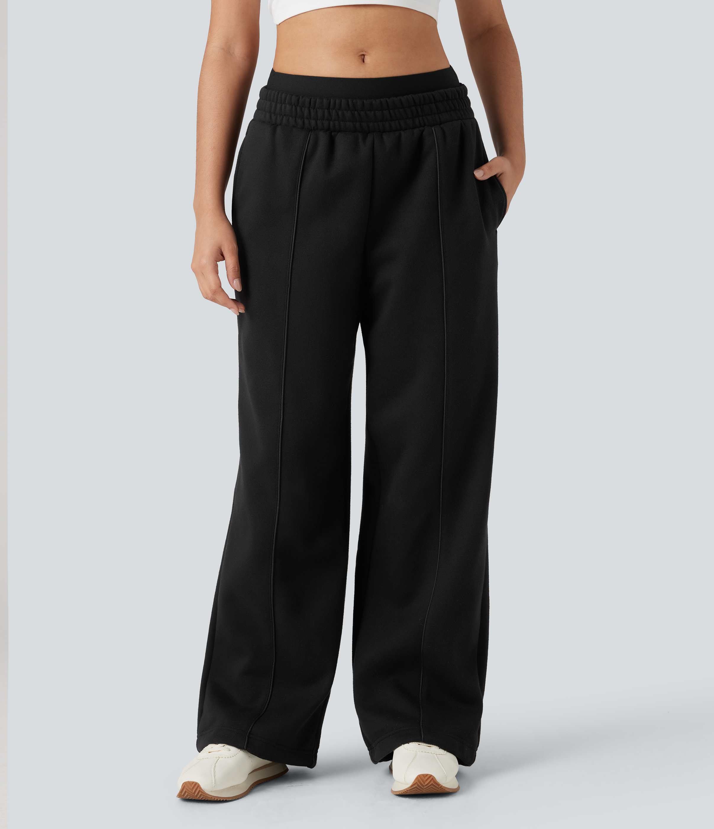 Double Waistband High Waisted Tummy Control Color Block Fleece Casual Wide Leg Pants with Pockets