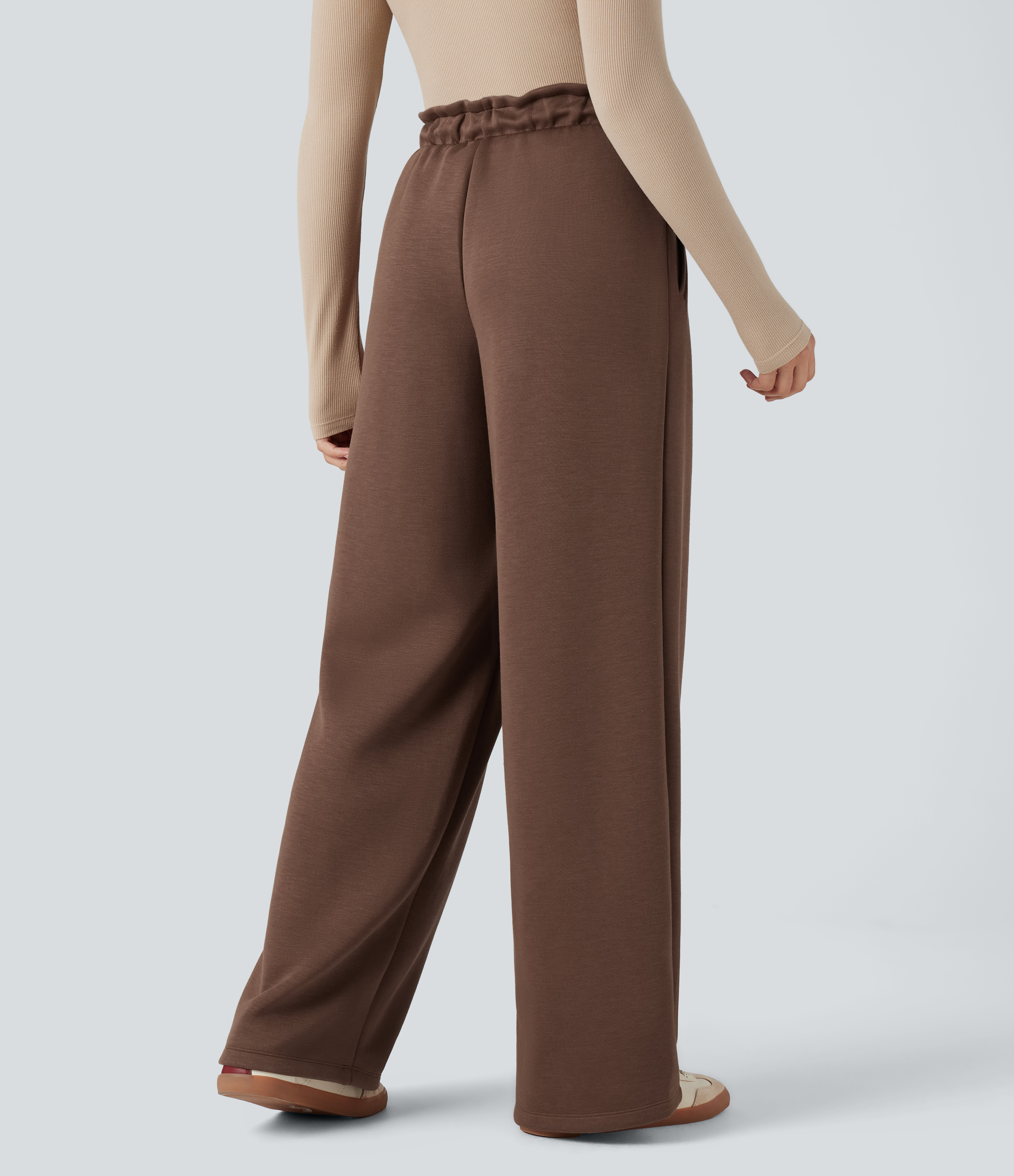 Cocoa Brown SpacerTek™ Paper Bag High Waisted Drawstring Casual Baggy Pants with Pockets / 2