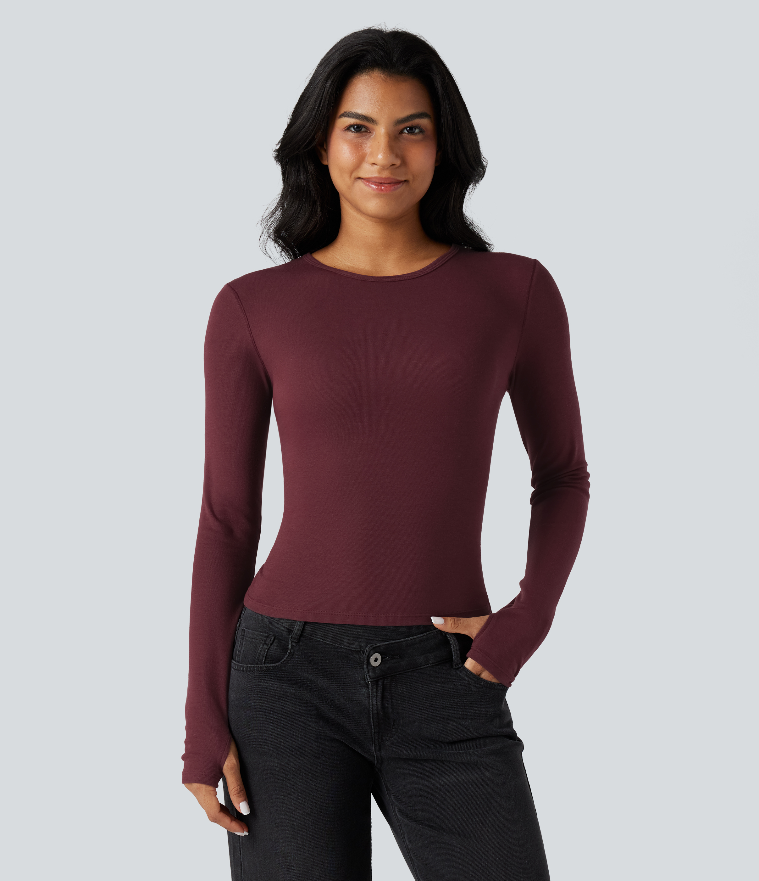 Zinfandel Round Neck Long Sleeve Thumb Holes Casual Wool-Blend Top / 2