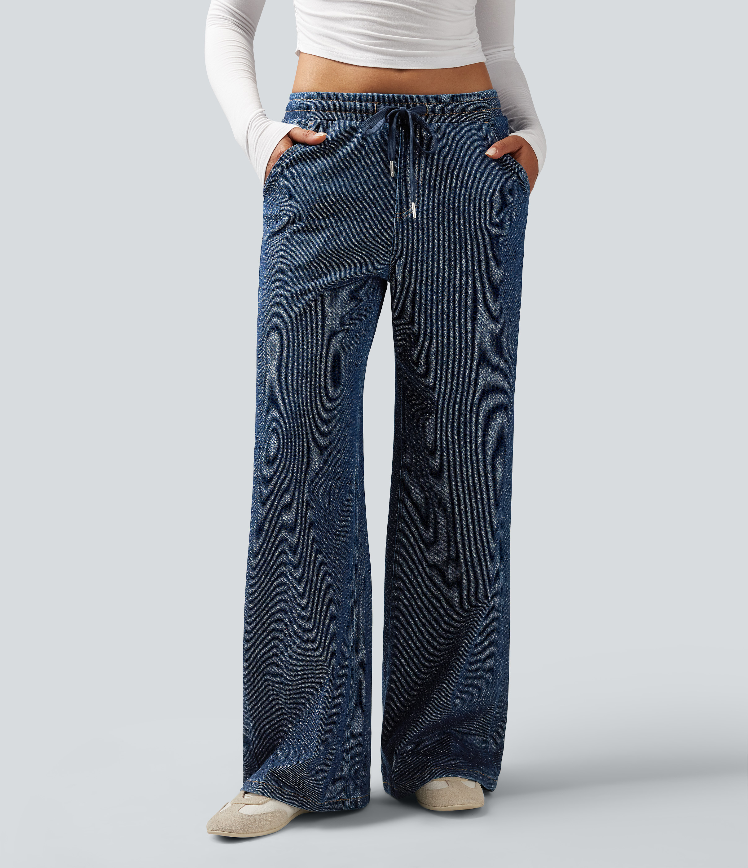 Jeans Casuales Metálicos Halara Flex™ de Tiro Bajo con Cordón, Pierna Ancha y Bolsillos