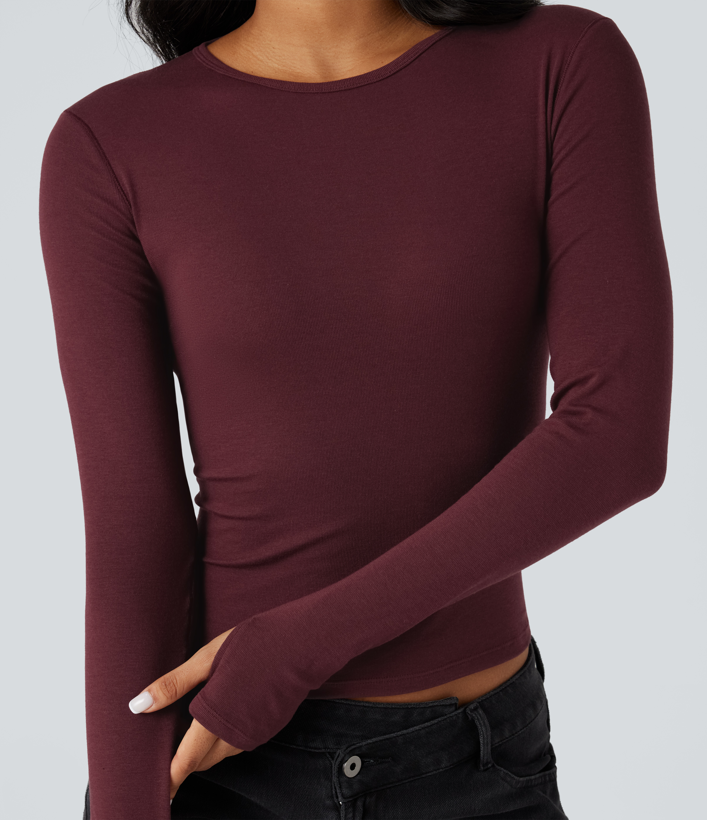 Crew Neck Long Sleeve Thumb Holes Casual Wool-Blend Top