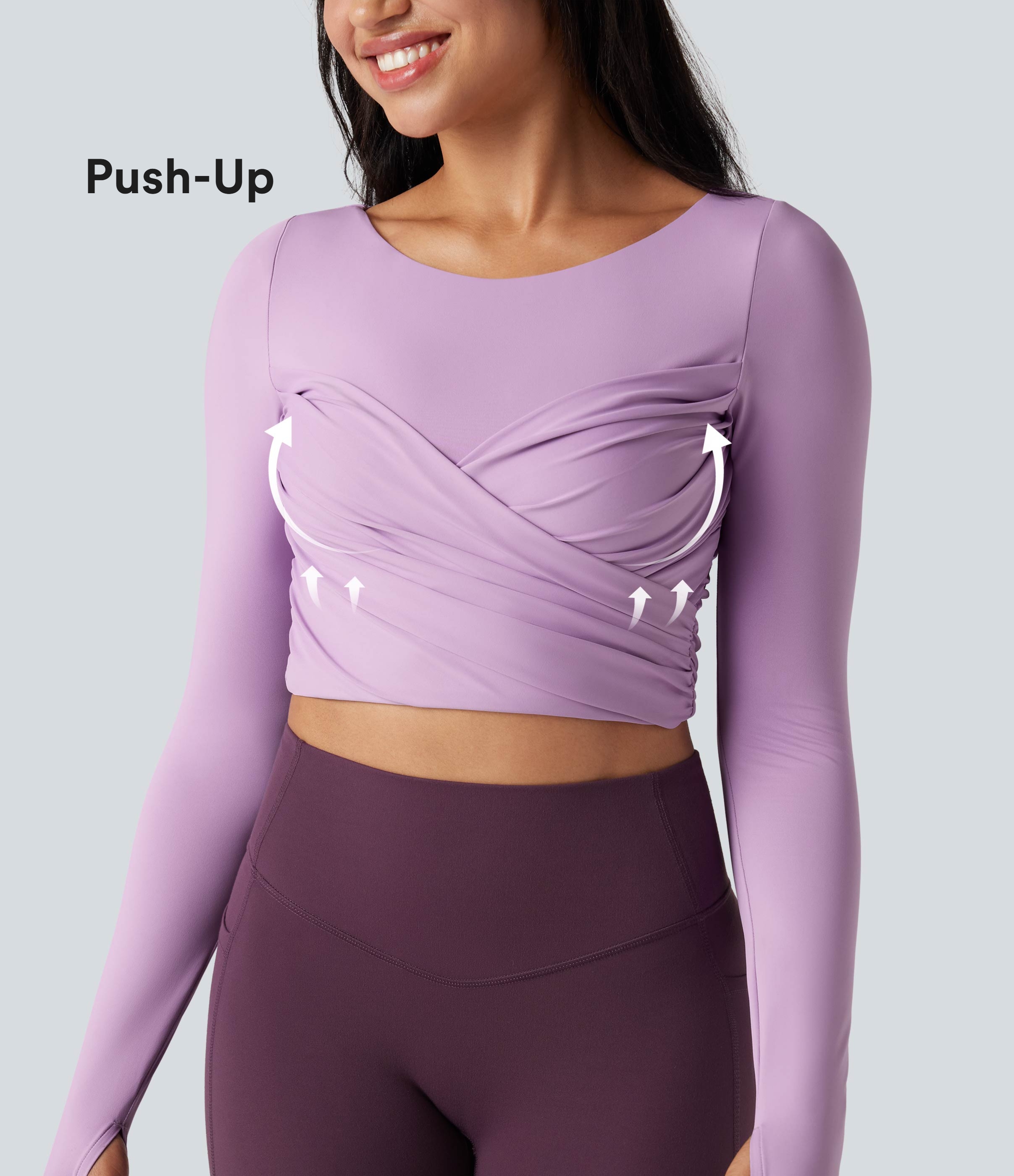 Plum Pink Purple Top de sport yoga court push-up mousse col échancré manches longues avec trous pouces croisé / 1