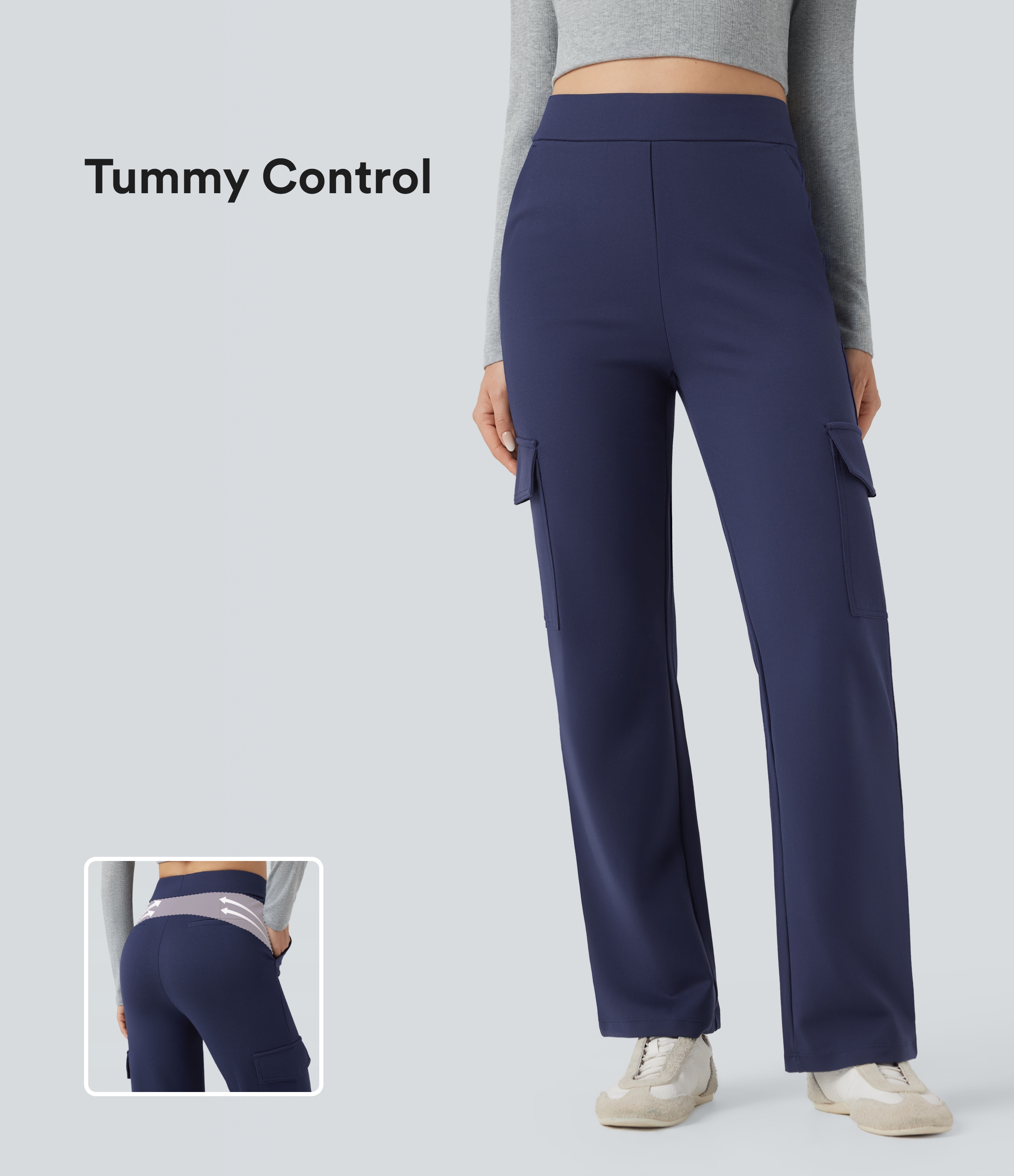 High Waisted Tummy Control Straight Leg Casual Cargo Pants with Pockets