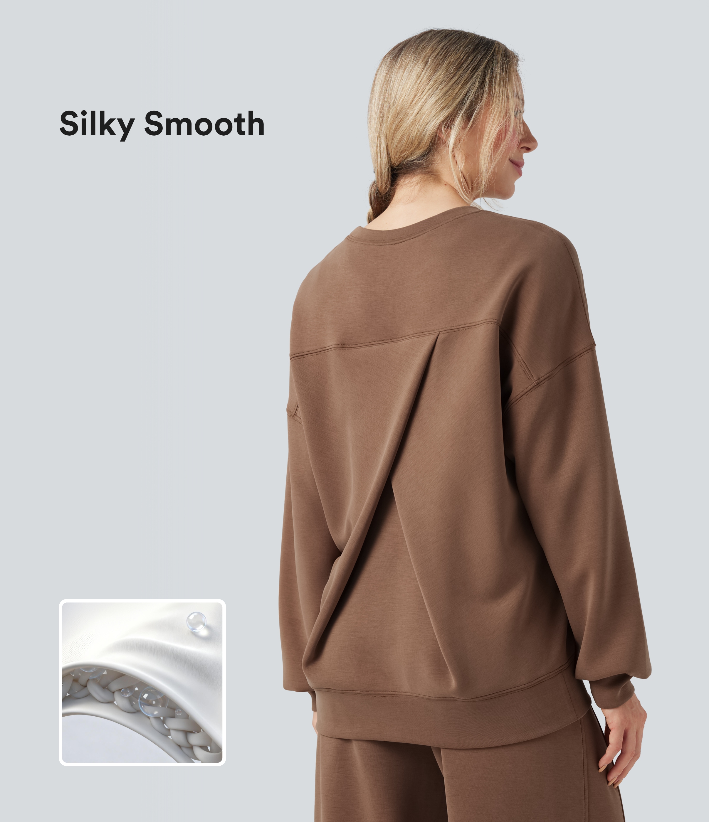 SpacerTek™ Round Neck Long Sleeve Crossover Back Casual Sweatshirt with Pockets