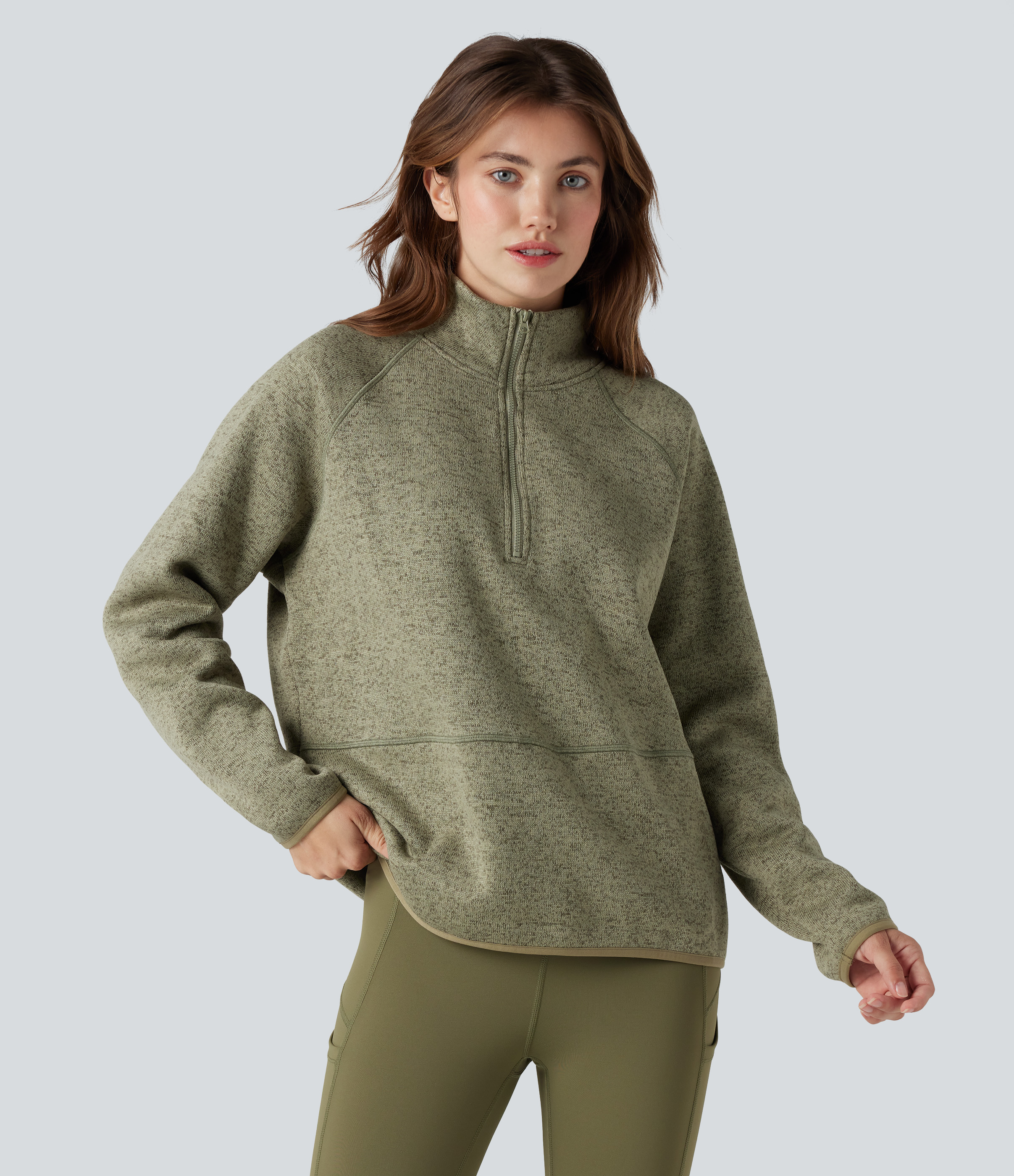 Stand Collar Half Zip Fleece Hiking Heathered Sweatshirt