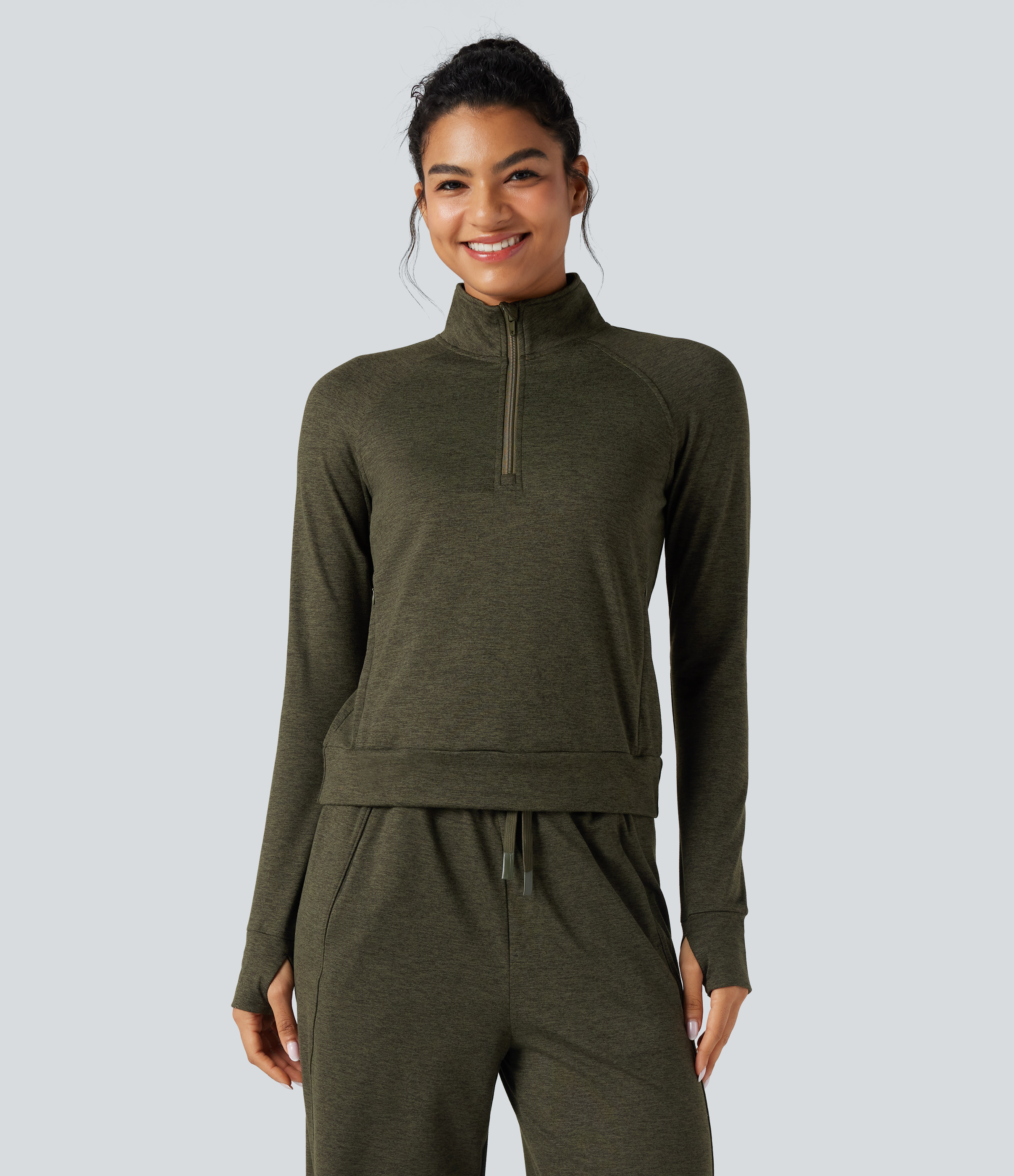 Shadow Moss Half Zipper Thumb Holes Quick Dry Fleece Casual Heathered Sweatshirt with Pockets-UPF40+ / 2