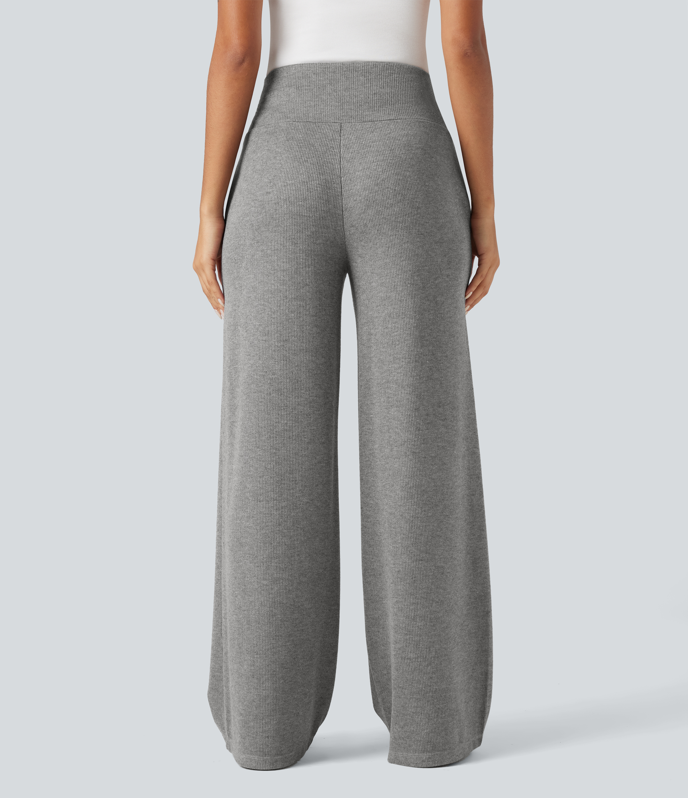 Pebble Grey Ribbed Knit High Waisted Tummy Control Drawstring Casual Wide Leg Trousers with Pockets / 2