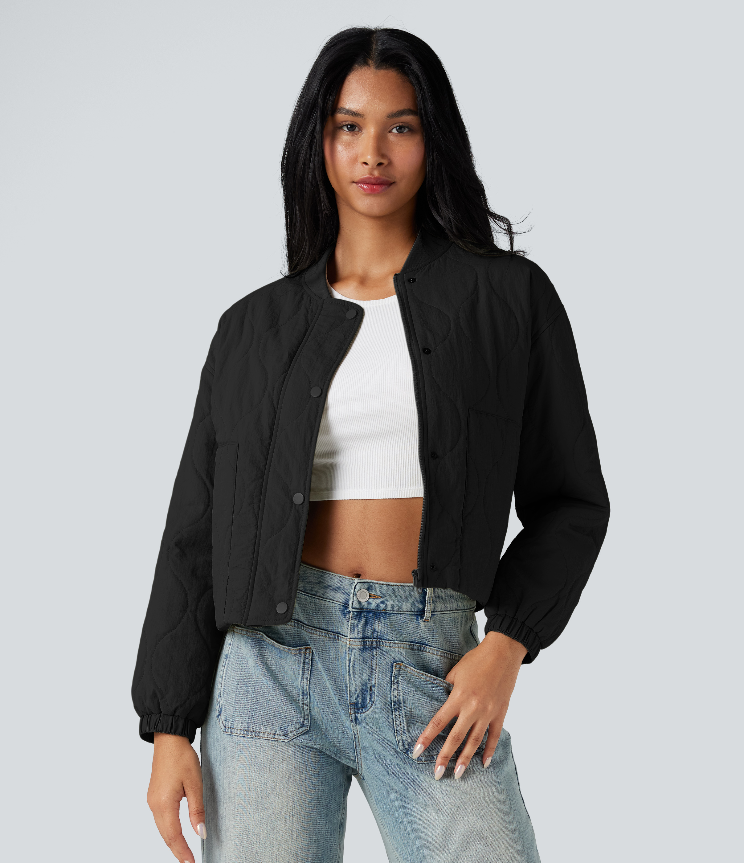 Stand Collar Long Sleeve Casual Bomber Quilted Jacket with Pockets