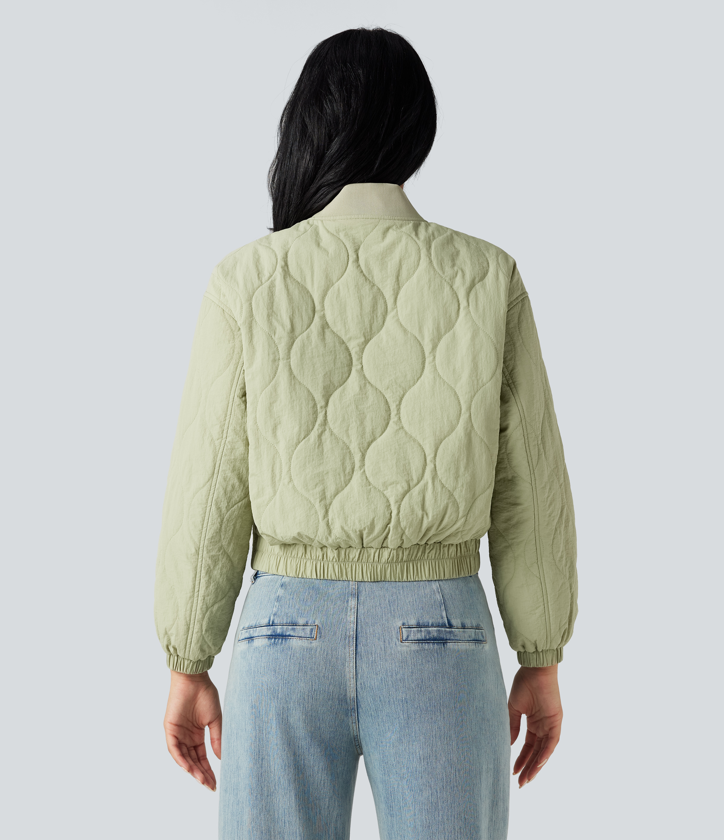Seedling Stand Collar Long Sleeve Casual Bomber Quilted Jacket with Pockets / 2
