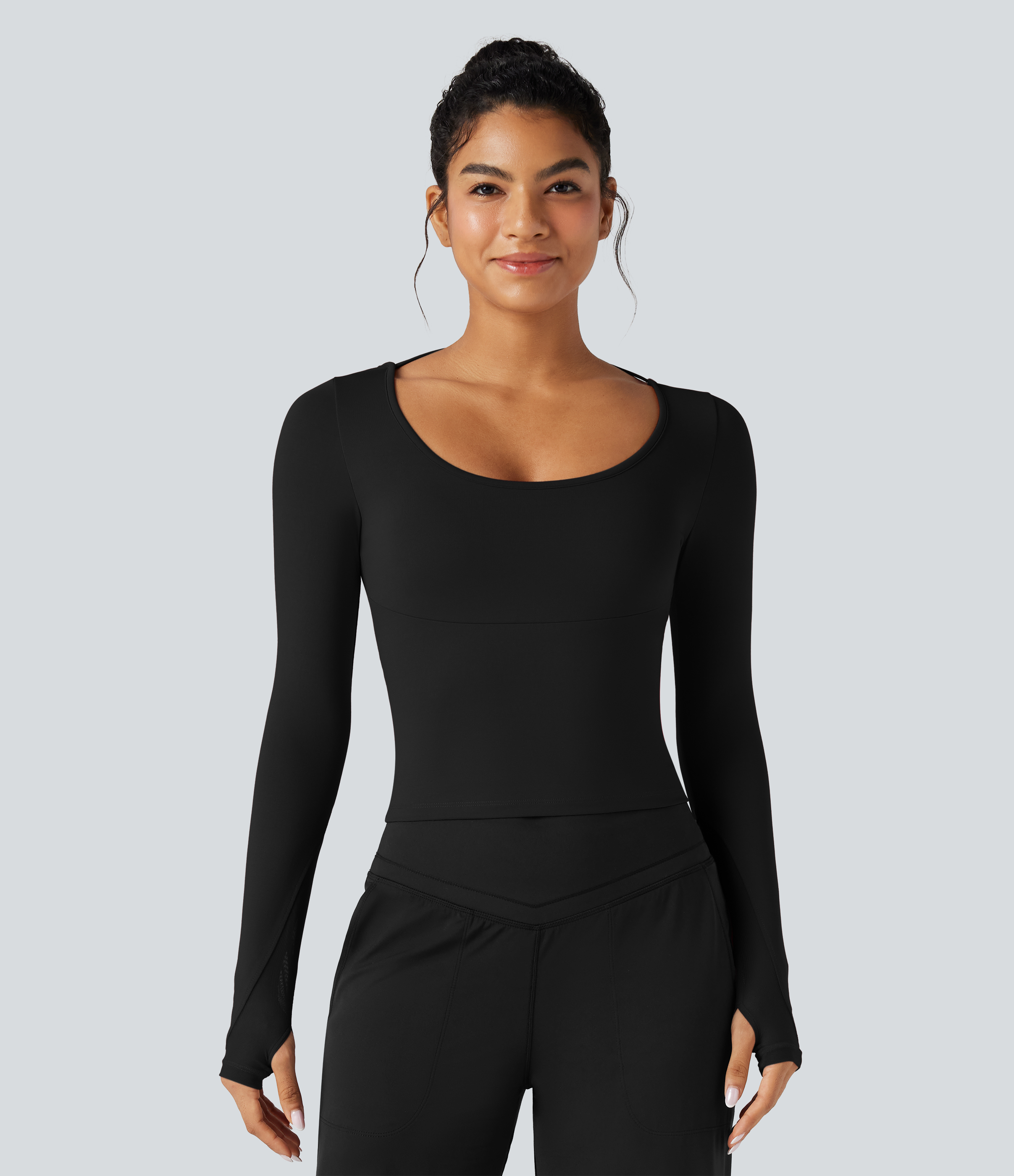 Black Backless Scoop Neck Long Sleeve Thumb Holes Yoga Sports Top / 2