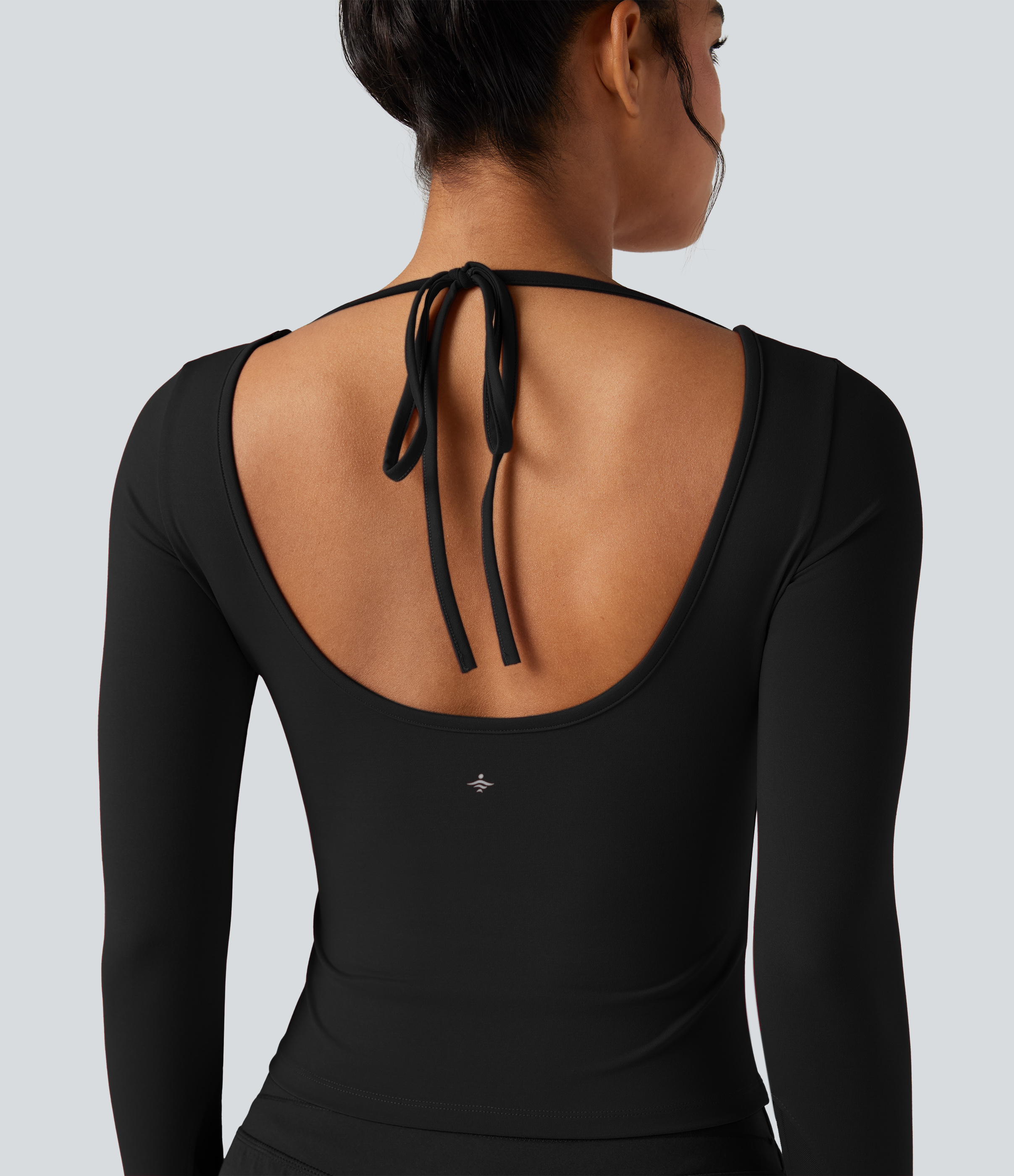 Black Backless Scoop Neck Long Sleeve Thumb Holes Yoga Sports Top / 1