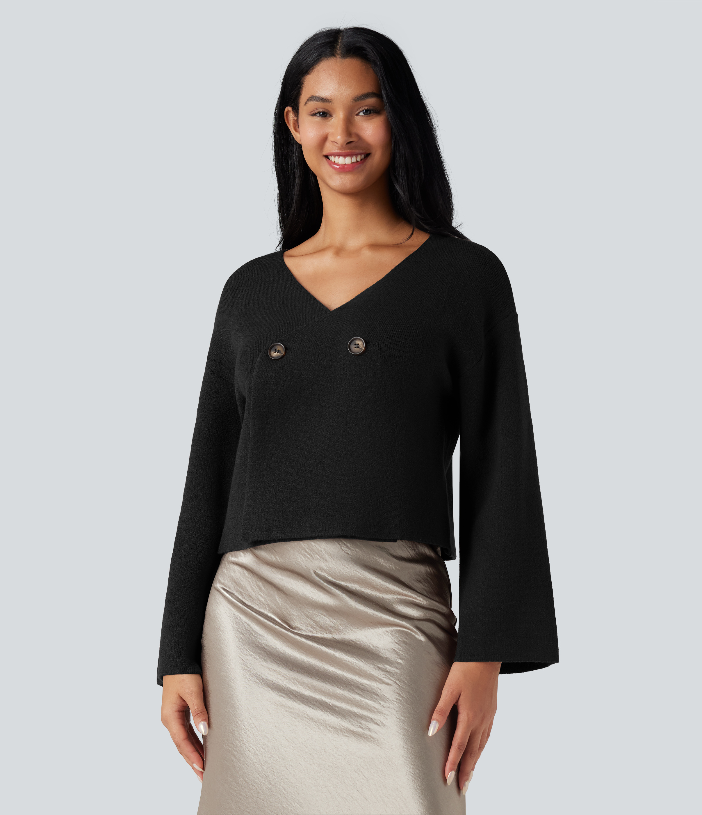 Black V-neck Reglan Long Sleeve Relaxed Fit Work Cardigan / 1
