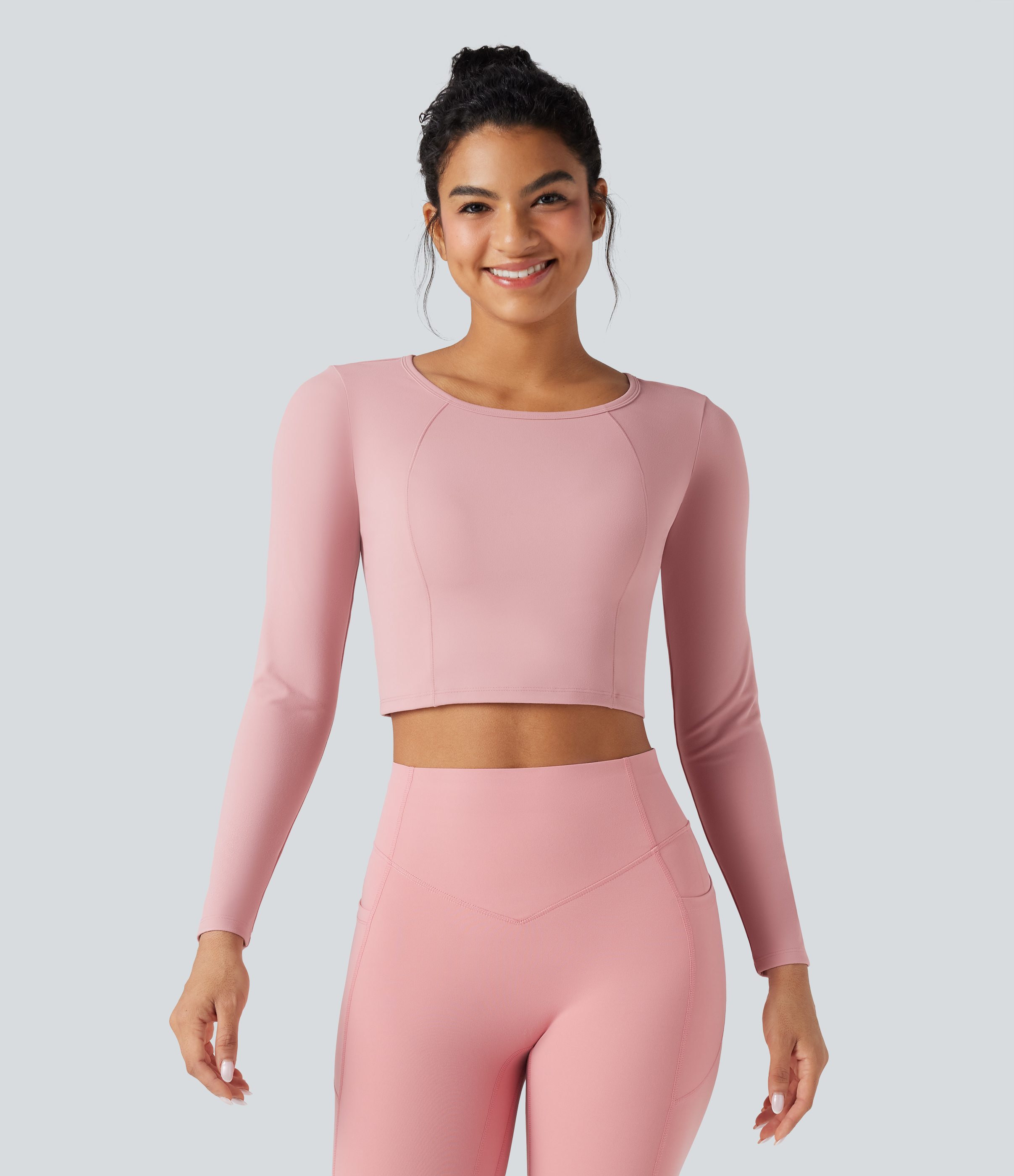 Silver Pink Scoop Neck Long Sleeve Cut Out Cropped Yoga Sports Top / 2
