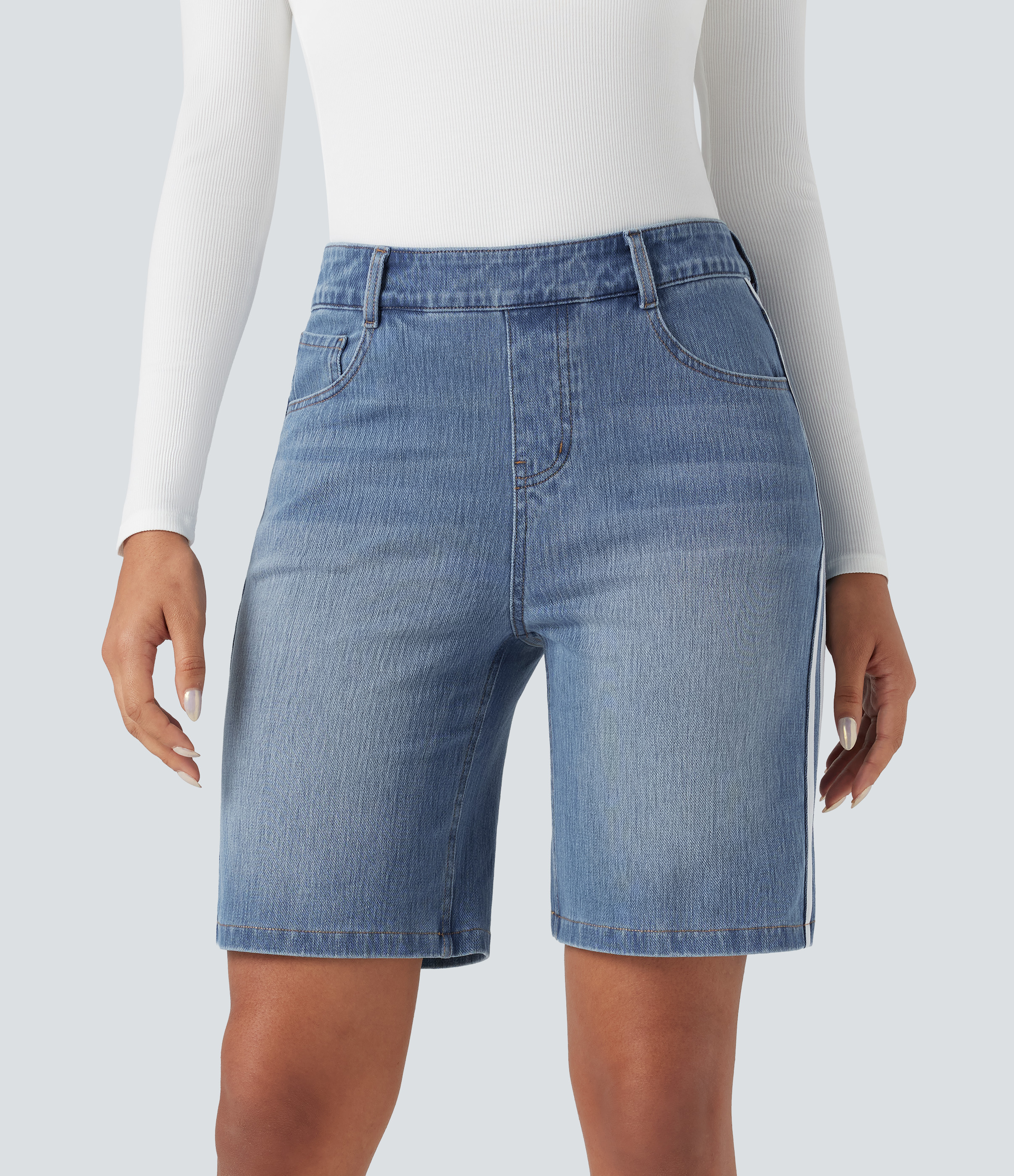 Malibu Blue Denim Halara Flex™ High Waisted Stripe Denim Casual Bermuda Shorts with Pockets / 2