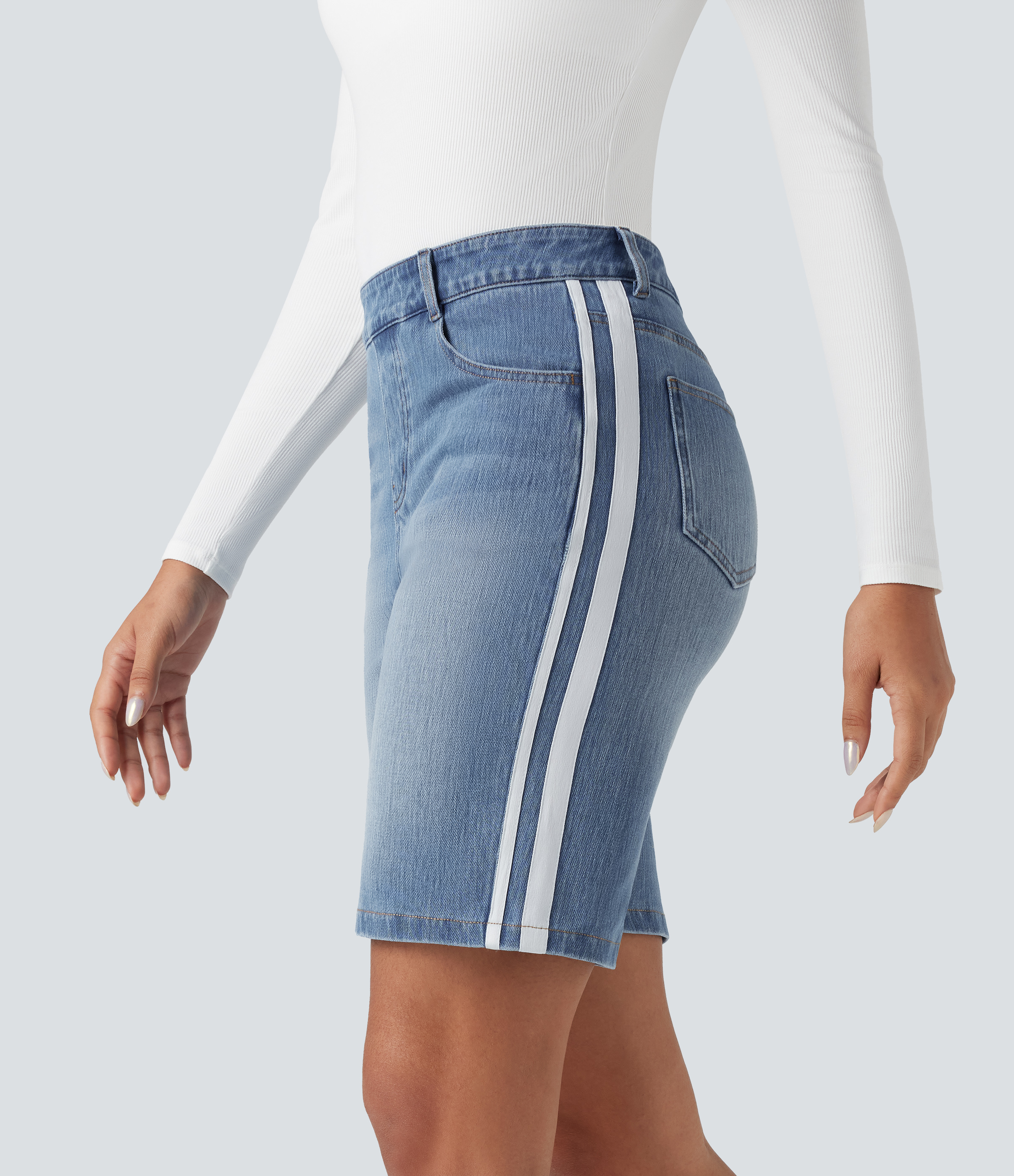 Halara Flex™ High Waisted Stripe Denim Casual Shorts with Pockets