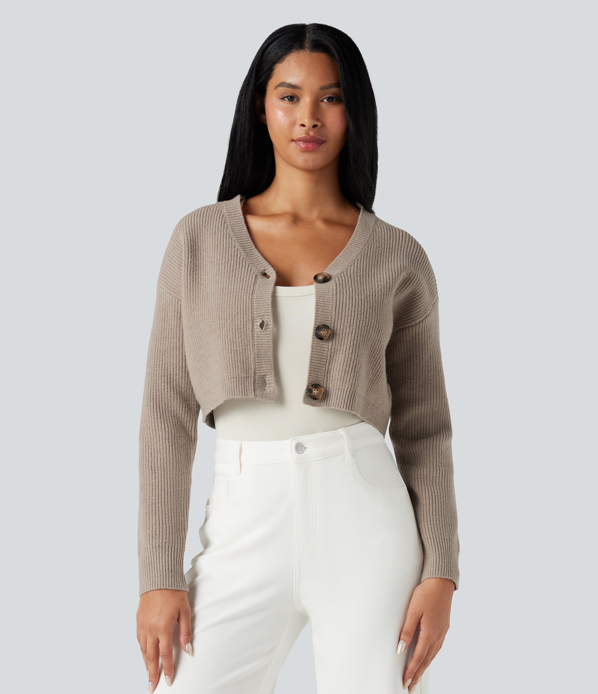 V-neck Long Sleeve Cropped Work Cardigan