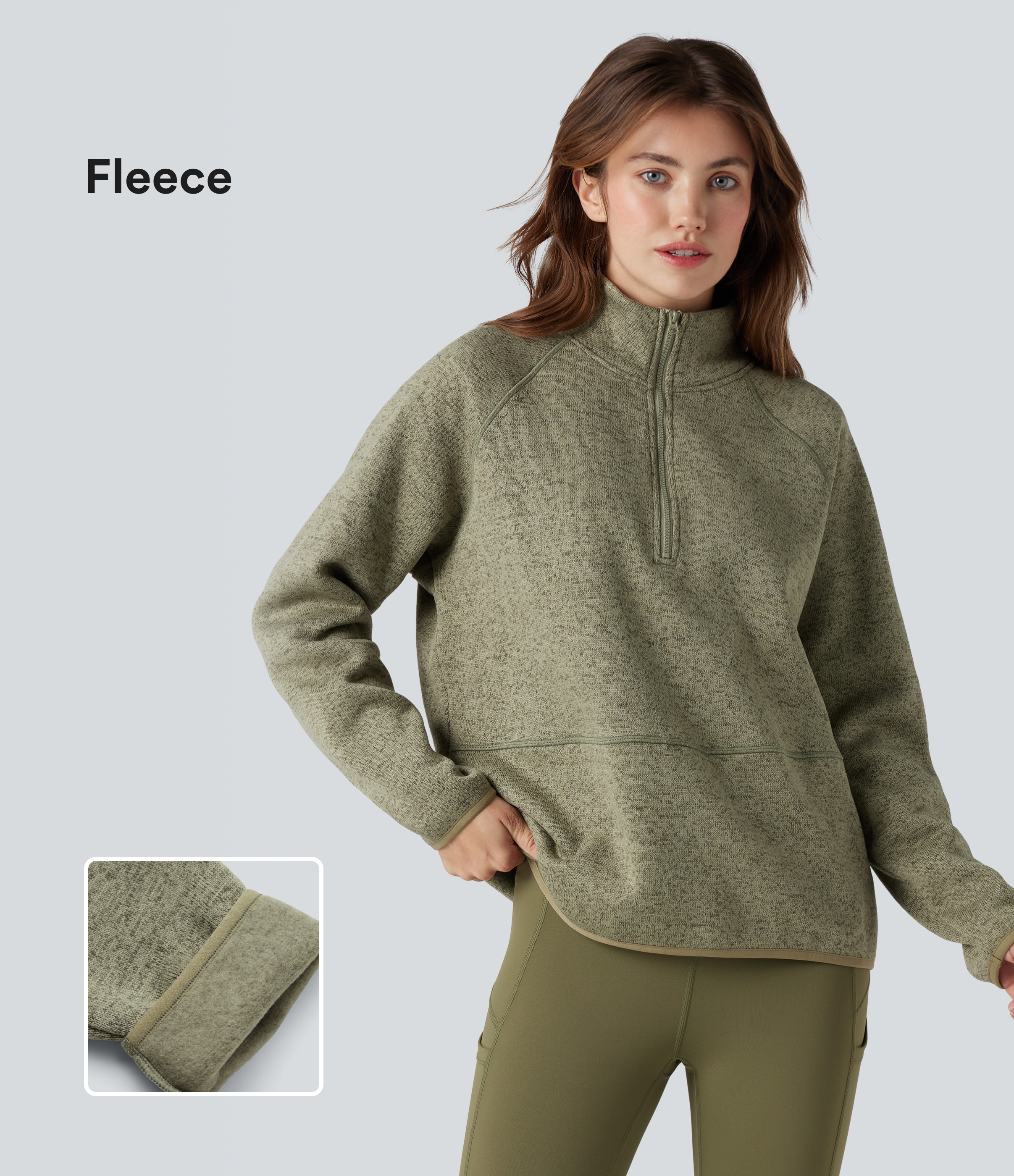 Meliertes Fleece-Wander-Sweatshirt mit Stehkragen und halbem Reißverschluss