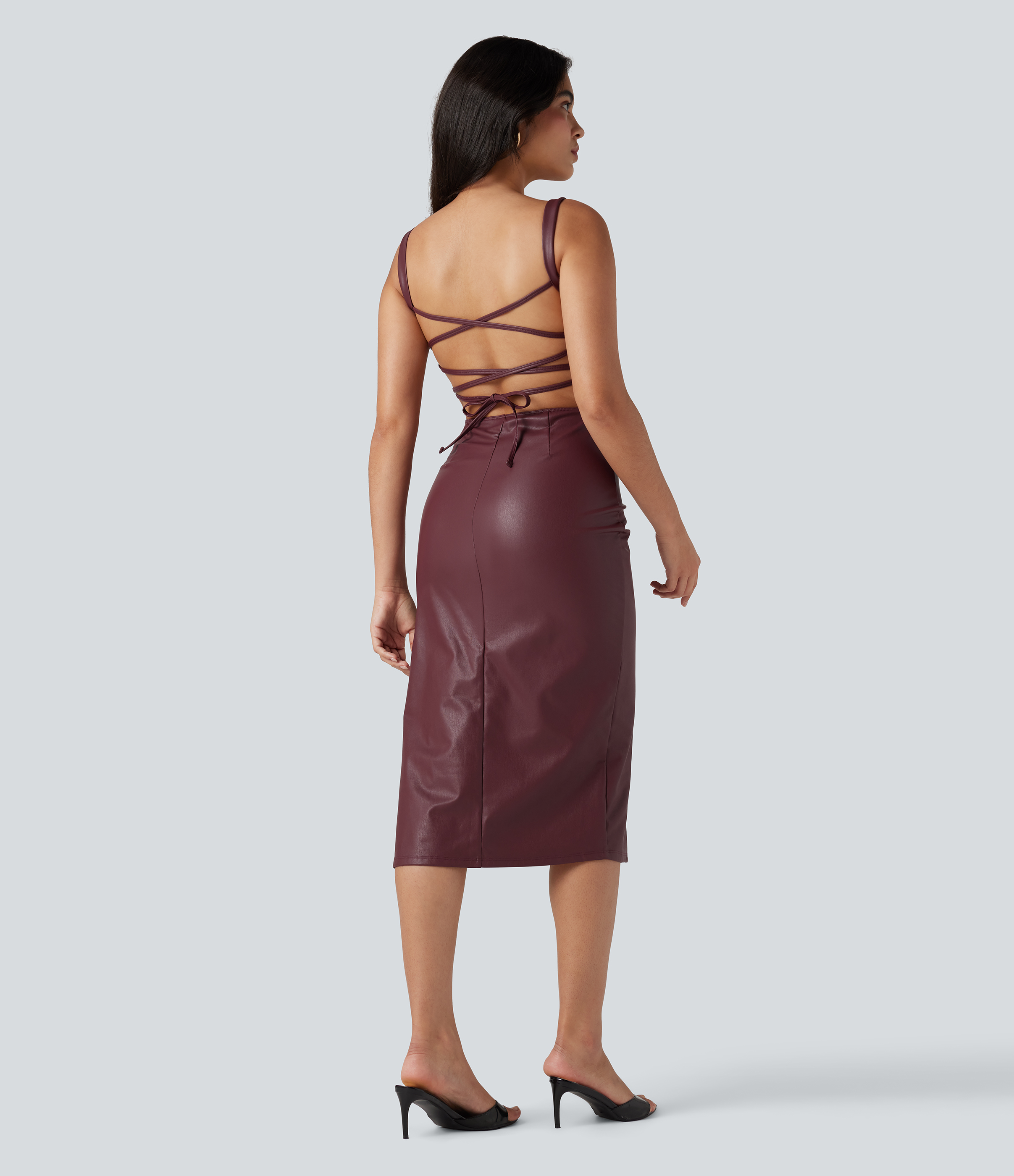 Robe mi-longue polaire tissu enduit à lacets