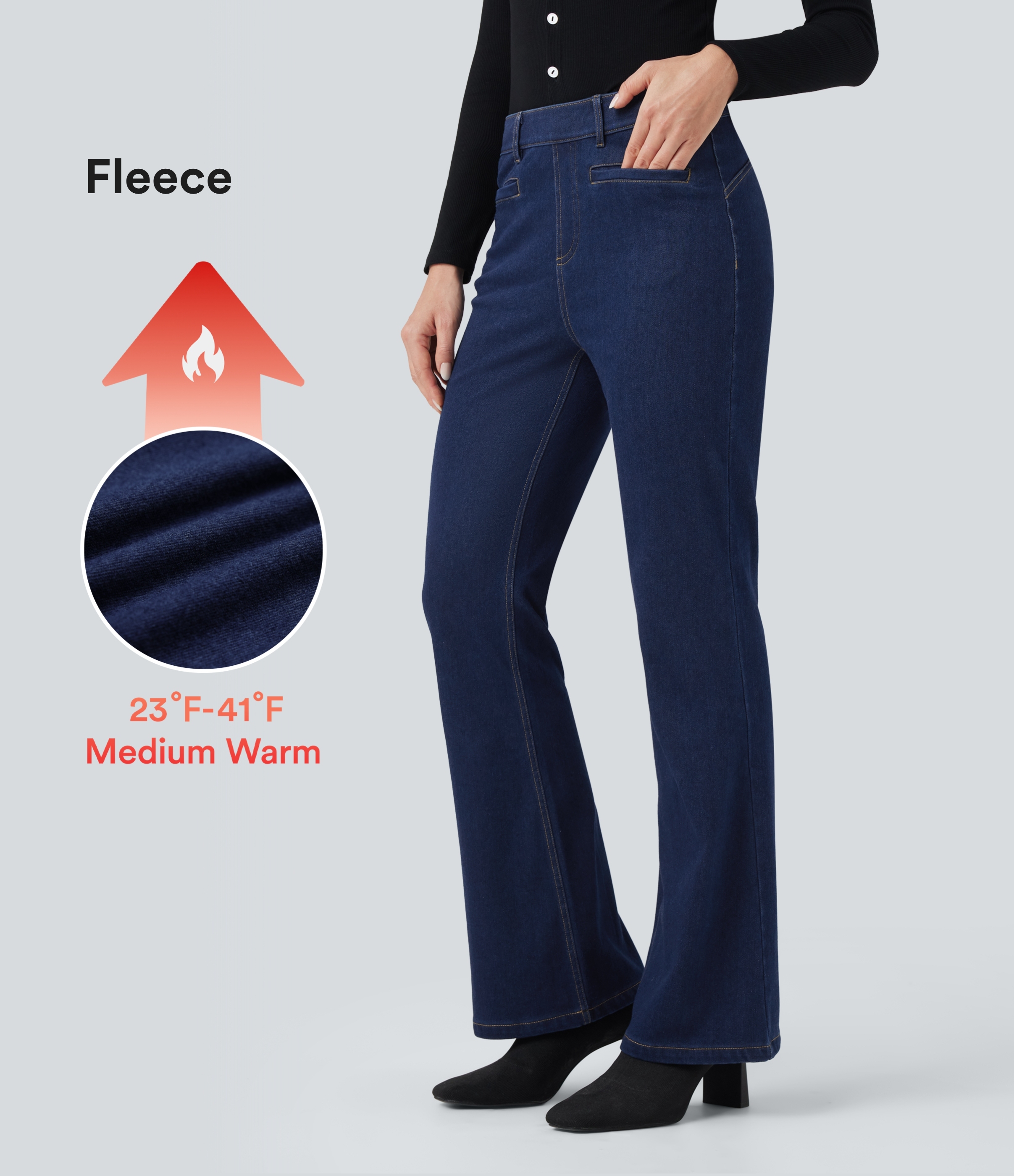 Women’s Halara Flex™ Mid Rise Fleece Denim Casual Bootcut Leggings with Pockets - Halara 