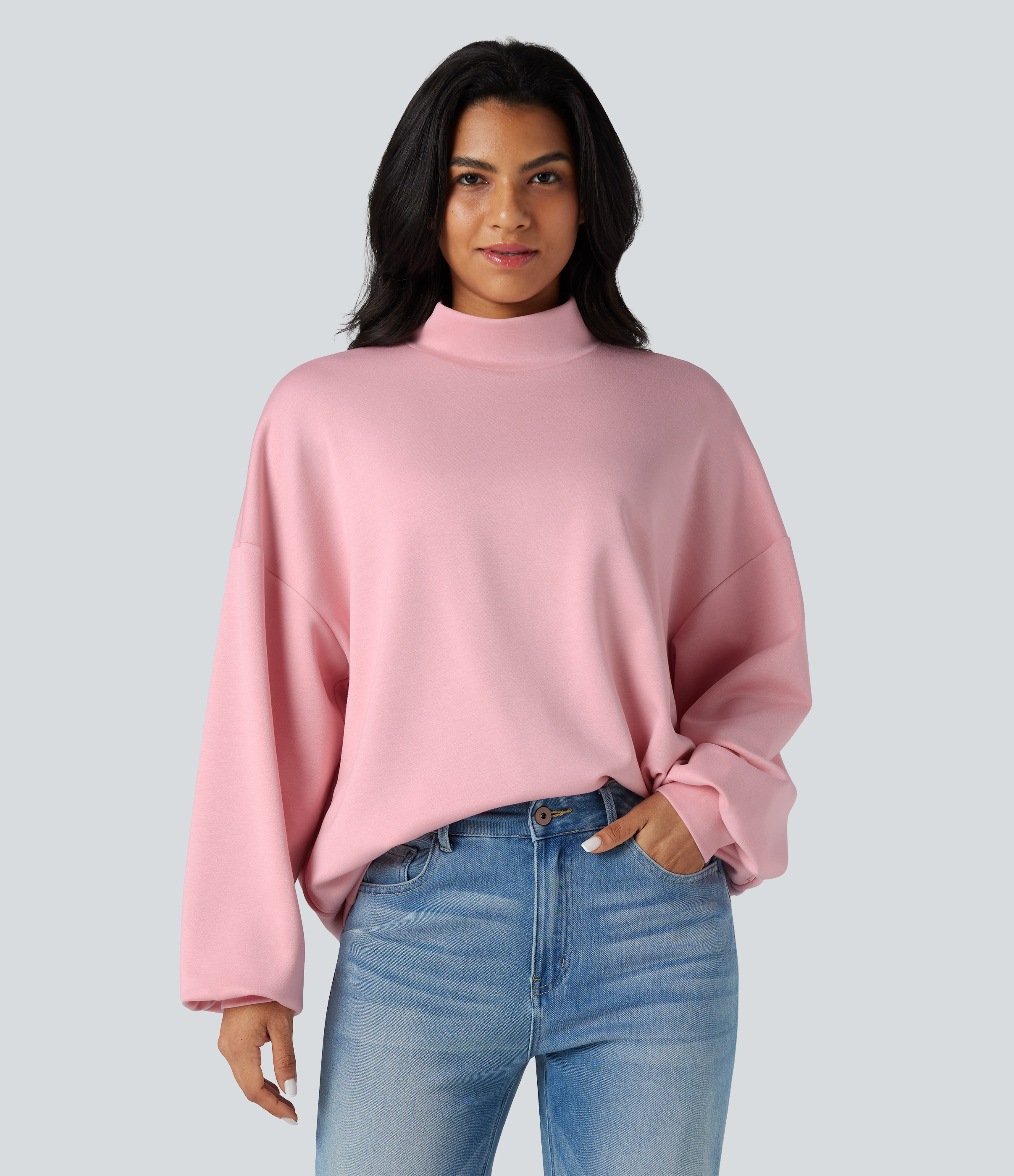 Women's Mock-neck Relaxed Casual Sweatshirt with Pockets - Halara