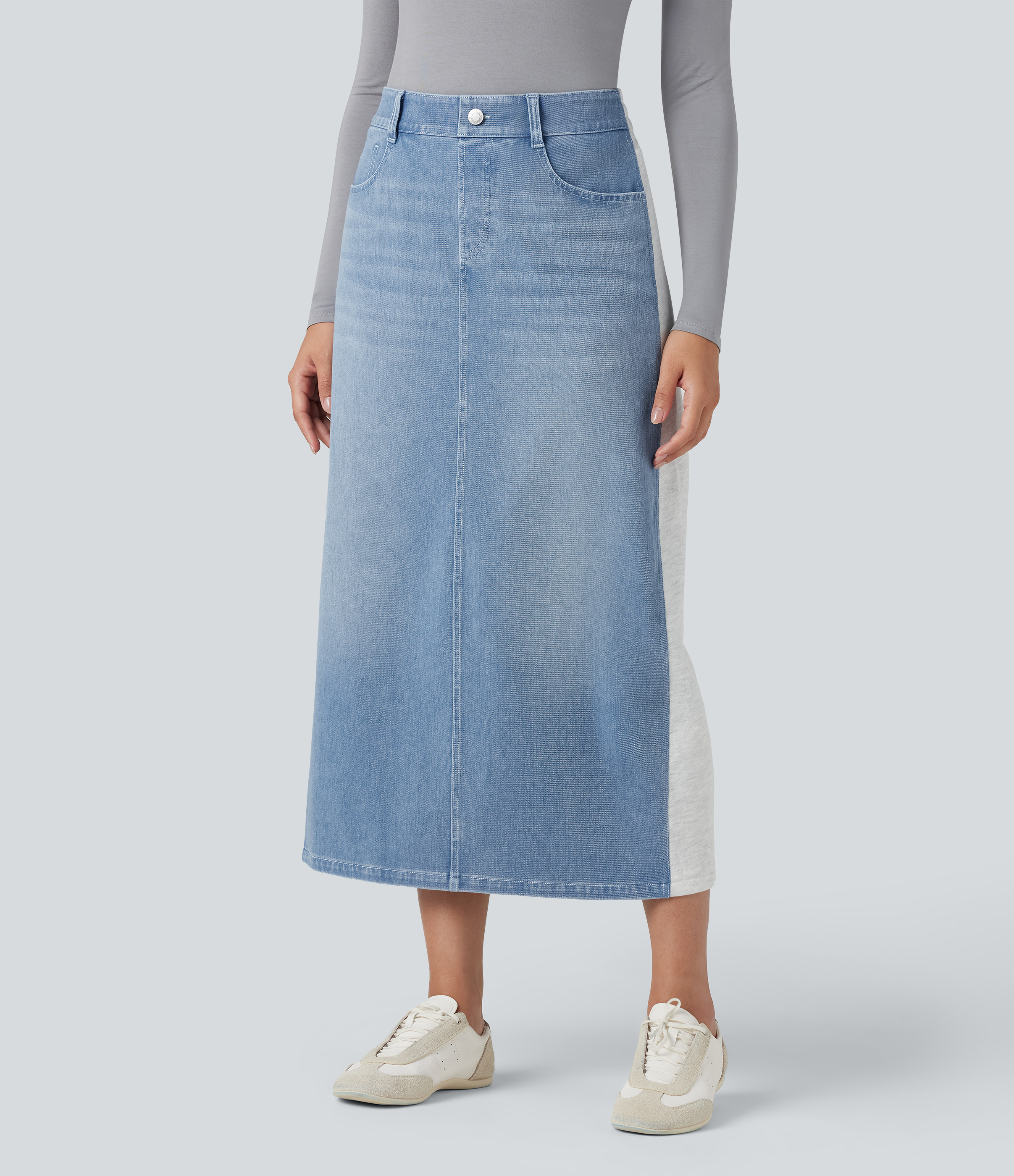 Halara Flex™ - Midi-Jeansrock mit hohem Bund, mehreren Taschen, Farbblock und Schlitz