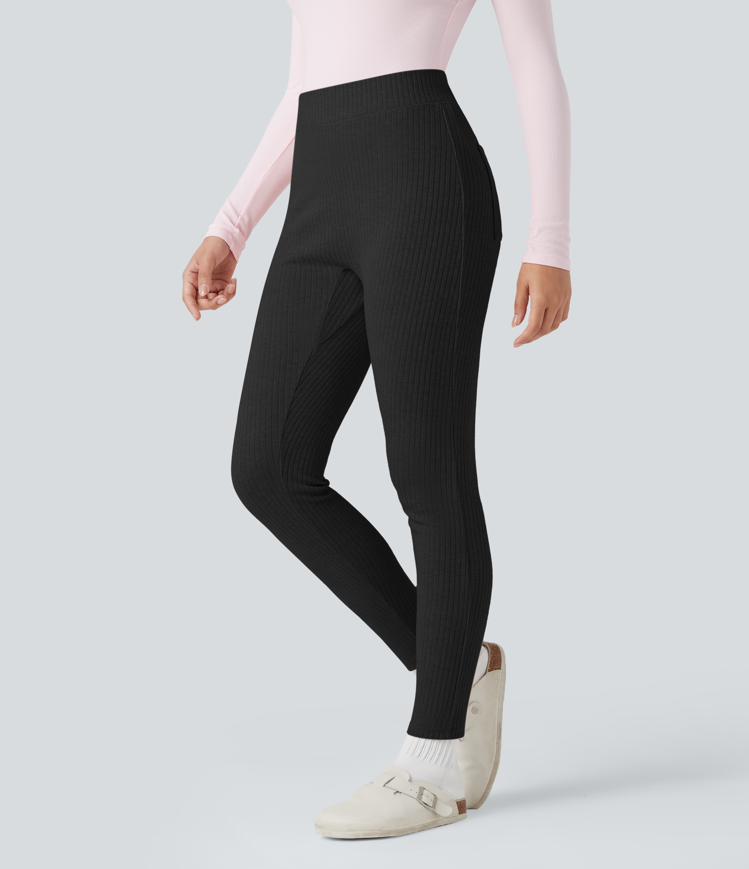Black Ribbed Knit High-waisted Lounging 7/8 Fleece Legging with Pockets / 2