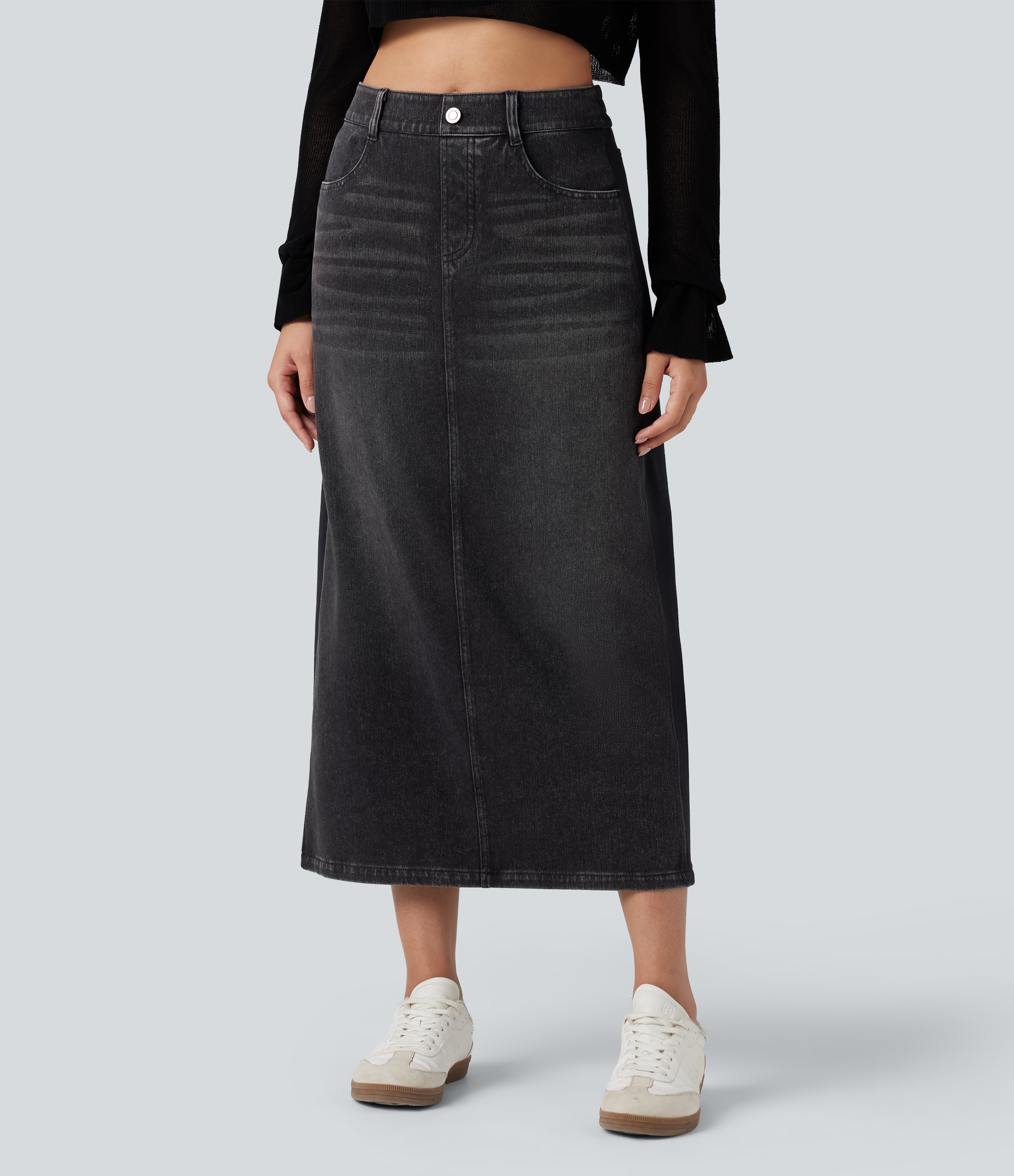 Halara Flex™ High Waisted Split Midi Color Block Denim Casual Skirt with Pockets