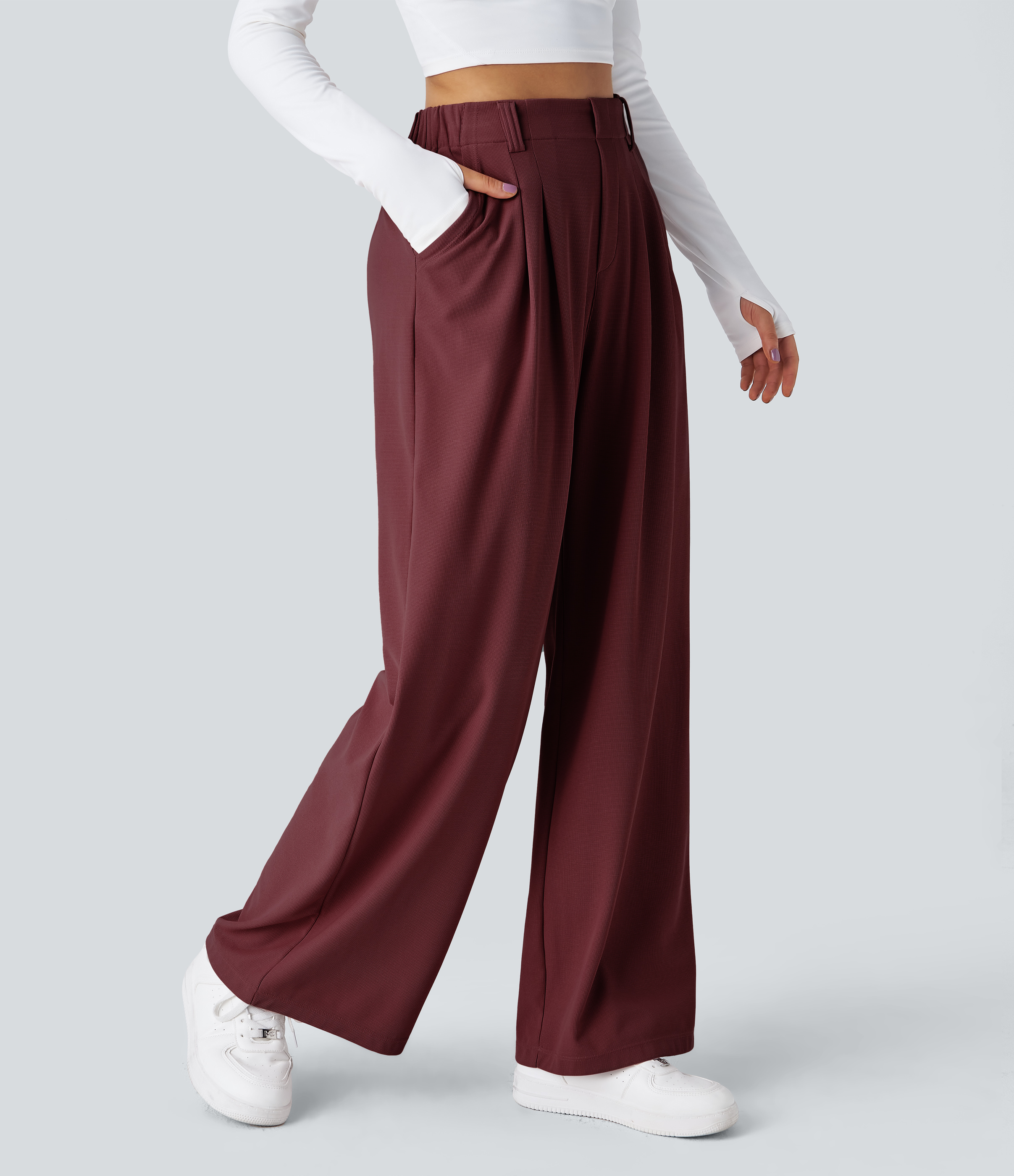 Pantalones Halara Flex™ de oficina anchos plisados de tiro alto con bolsillos en tela tipo gofre