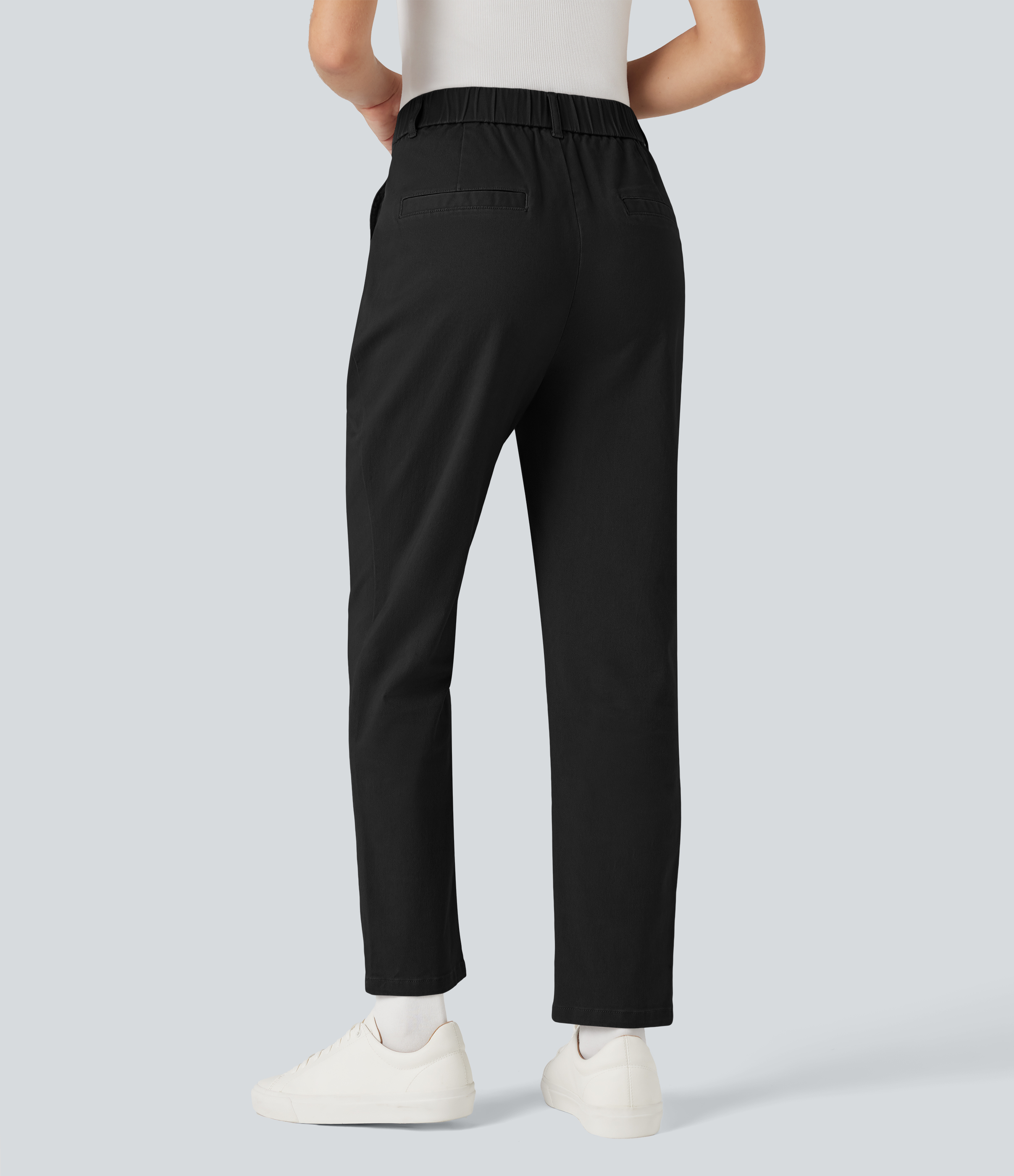 Noir Pantalon coton coupe ajustée taille haute avec poches / 2