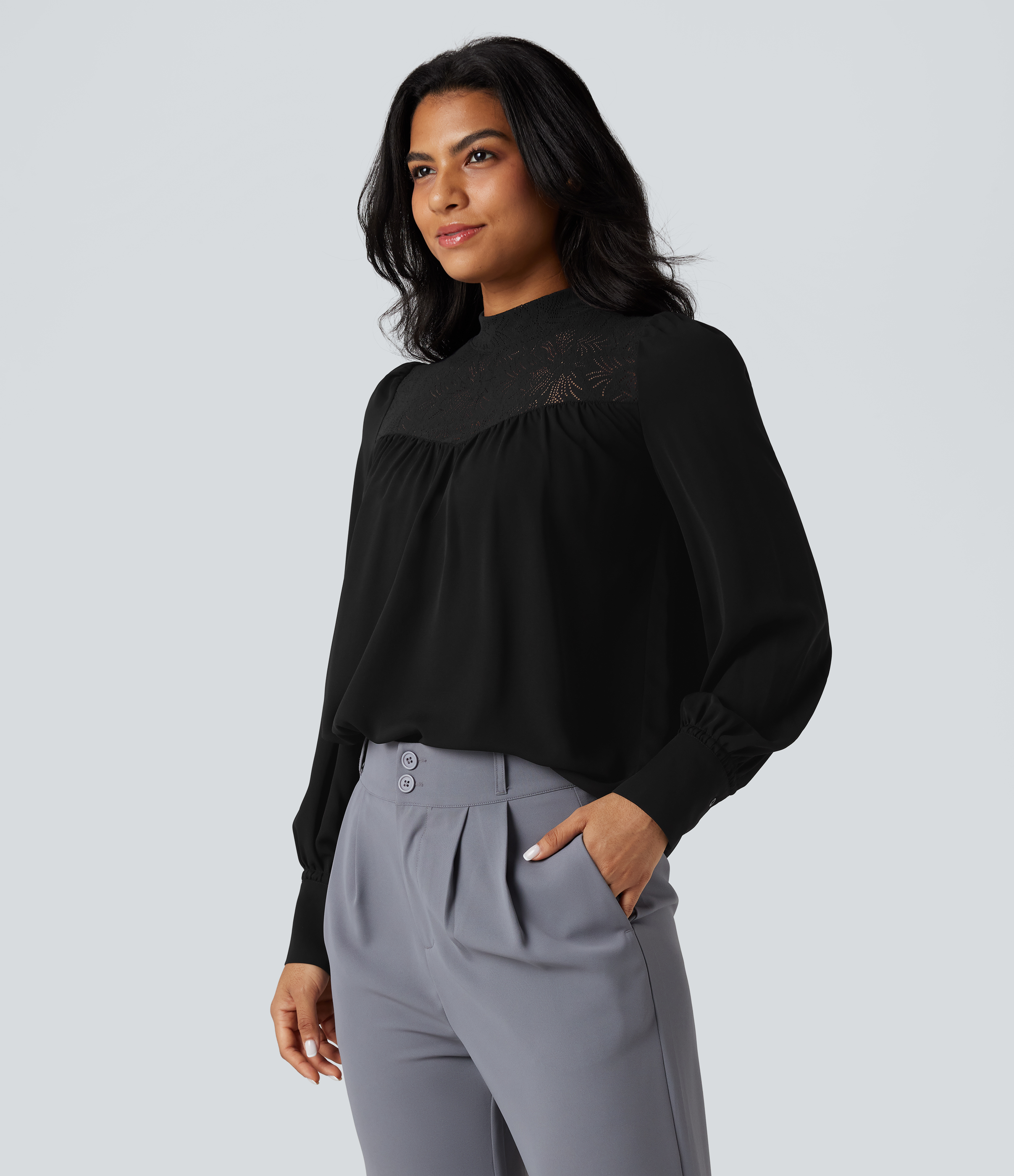 Mock Neck Long Sleeve Contrast Lace Work Shirt